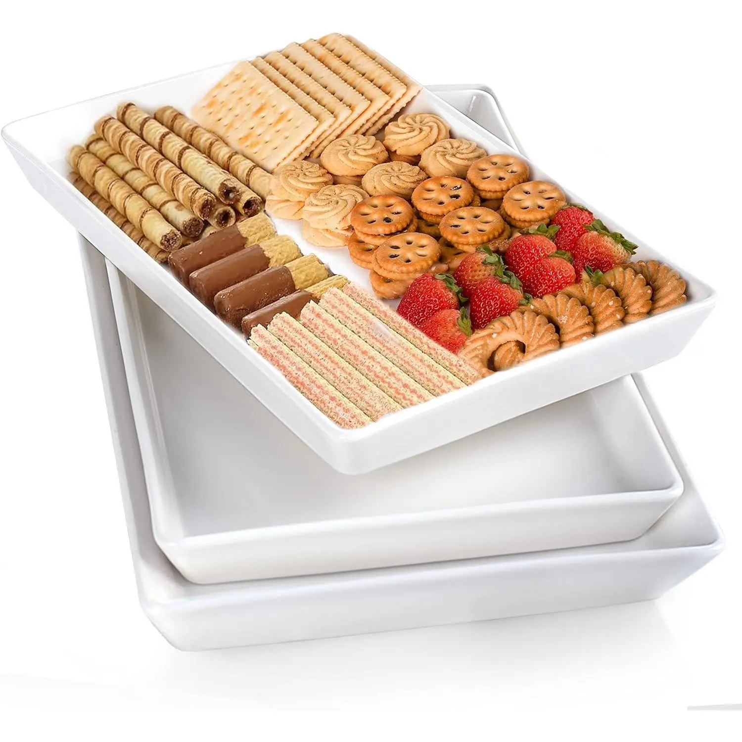 Delling Large Serving Platter, 16/14/12 Inch Rectangular Serving Trays for Serving Food, Serving Tray for Party - Set of 3, White