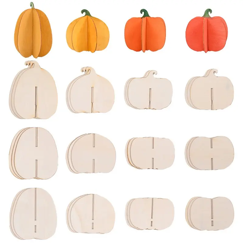 36 Counts / 12 Sets Halloween 3D Wooden Pumpkin Assembly Kit, Pre-Cut Blank Interlocking Parts, Puzzle-Style Glue-Free Unpainted Cutouts, Ideal for Fall Decor, Halloween Party & Holiday Ornaments