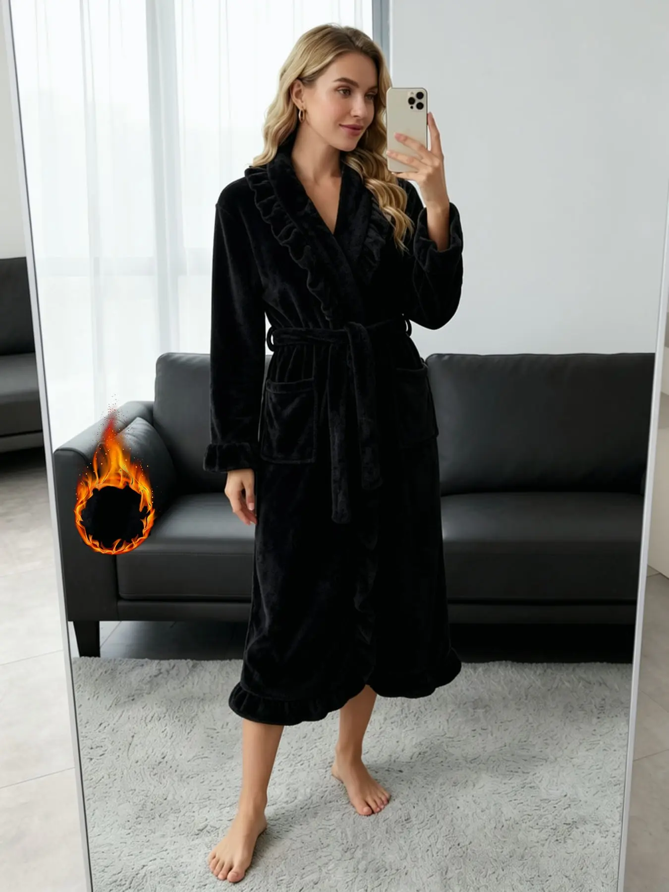 Elegant Long Flounce Bathrobe for Fall Winter, Tie Waist Dual Pockets Fleece Sleepwear Loungewear, Multiple Colors Available, Perfect for Gatherings