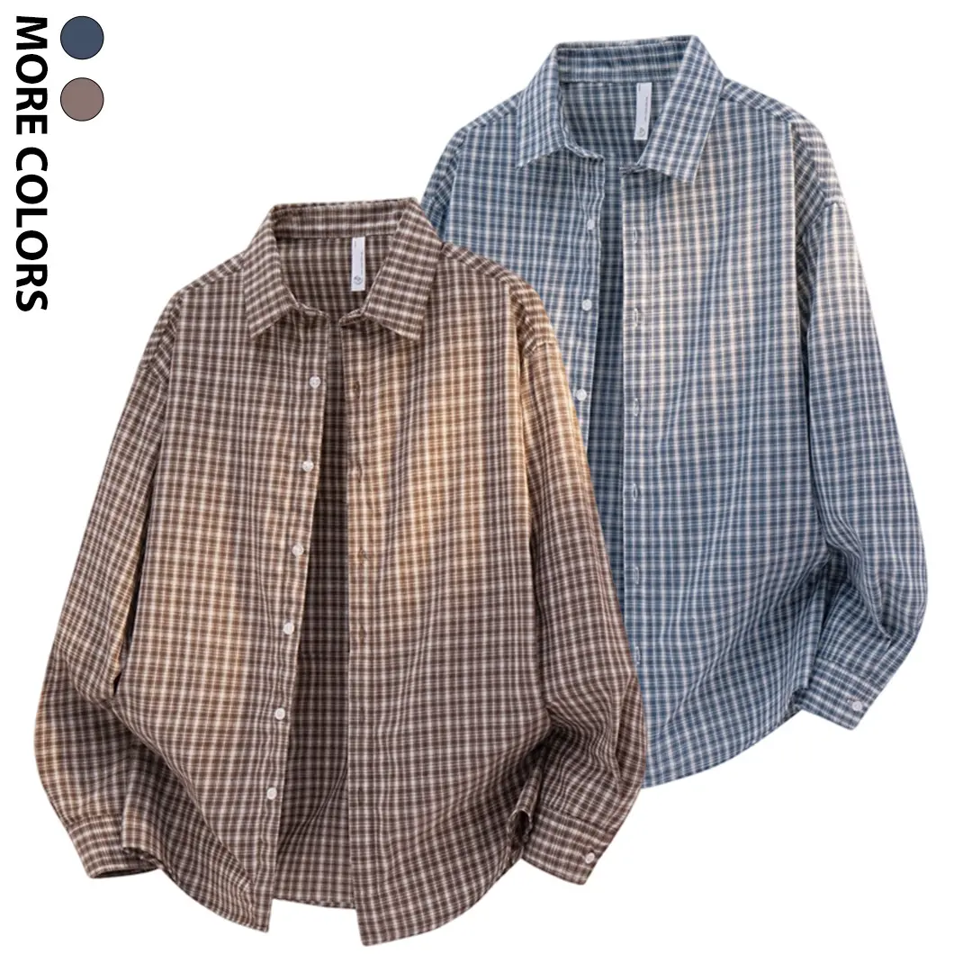 Guys Relaxed Fit Plaid Long Sleeve Shirt Jacket Shacket Button-Up Top Micro-Check Gingham Minimalist Aesthetic Clean Front Soft Comfortable Lightweight Drape Fabric Trendy Urban City Boy Style Daily Wear Lounge Layering Male Fashion clean premium 2-Colors