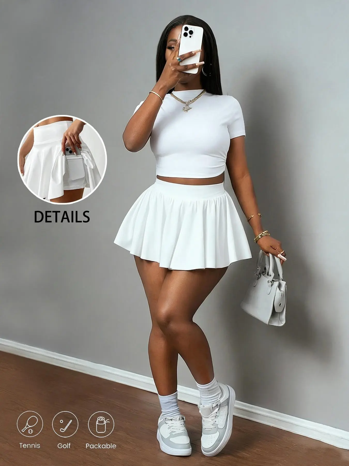 Y2K Women's Two-Piece Tennis Skirt Set, Short Sleeve Cropped Top, High-Waist Pleated Mini Skirt with Shorts Pocket, Casual Golf Outfit, Aesthetic Street Style, Trendy, Summer Set, Functional Pockets, Popular on TikTok