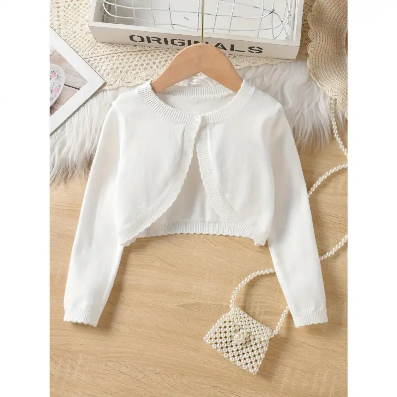 Girls' Solid Crew Neck Knitted Cardigan Sweater - Casual Short Knitwear Top for Spring and Autumn, Clothes