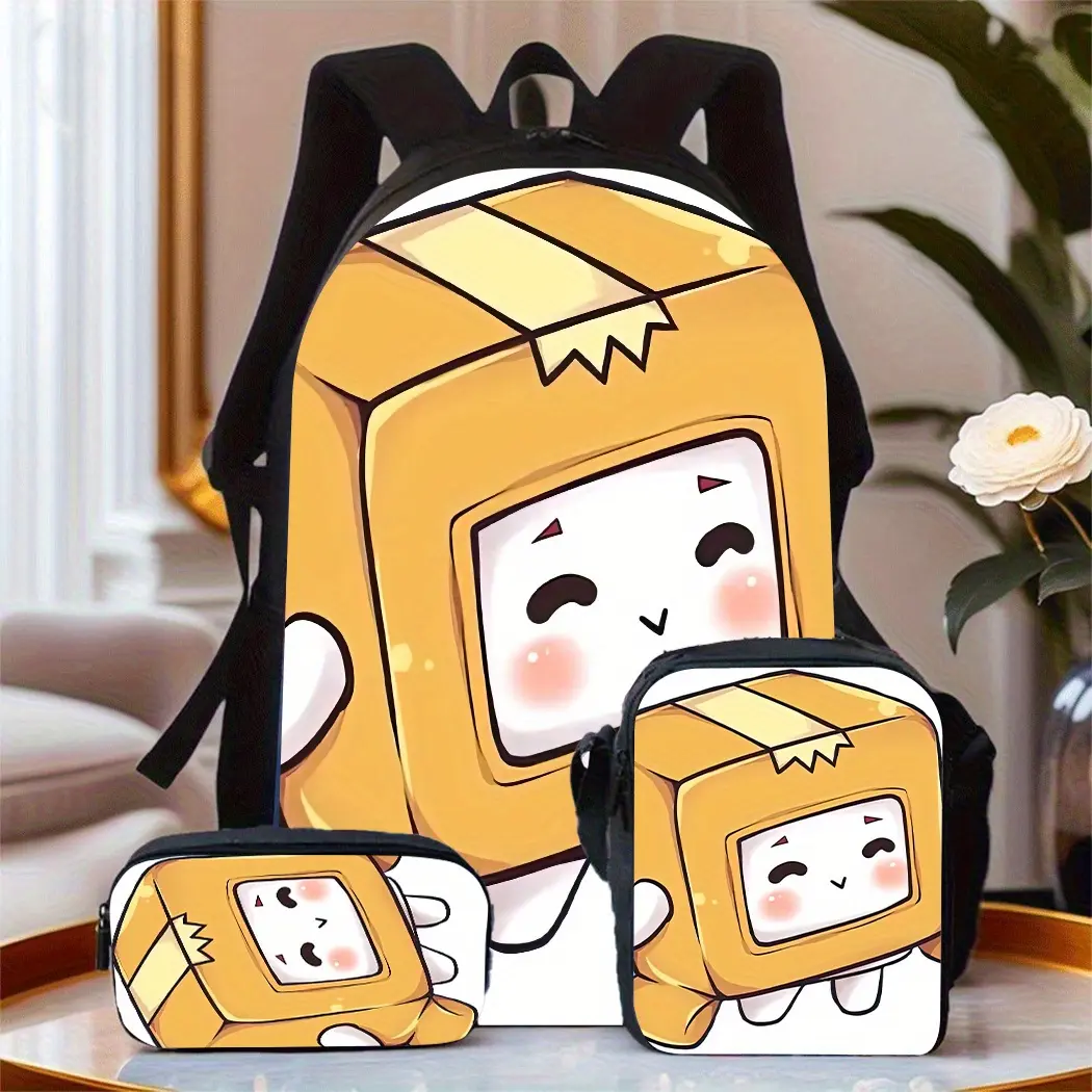 LankyBox yellow cardboard character print simple three-piece school bag set includes a backpack, insulated lunch bag, and pencil case, suitable for teenagers' daily school use