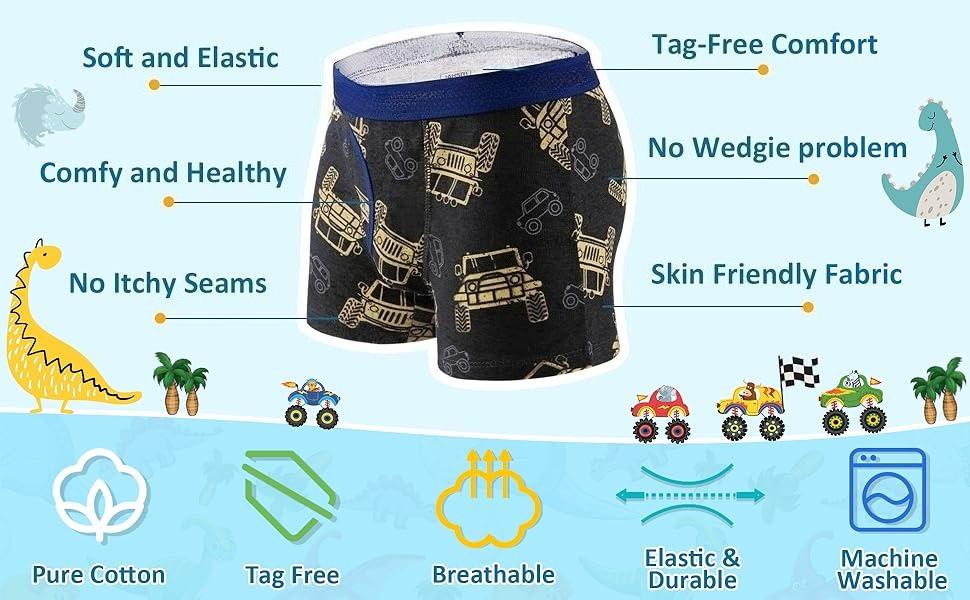 XY-UDW22 100% Cotton Boys Boxer Briefs Tagless Toddler Underwear (6-Pack)