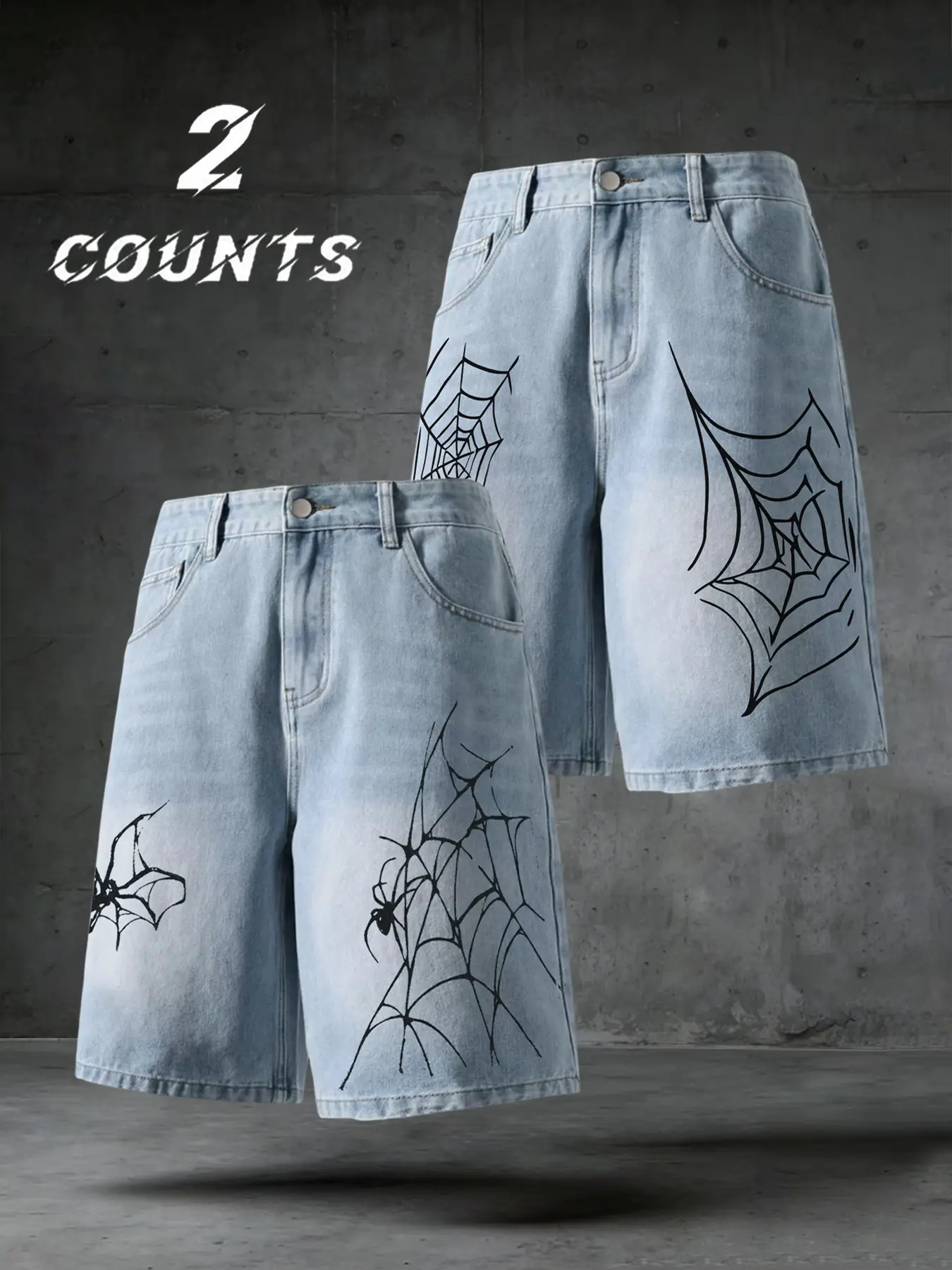 Men's Fashion Spider Web Pattern Jeans Shorts, American High Street Gothic Style, Comfortable Summer Denim Shorts Set, Versatile Casual Bottoms