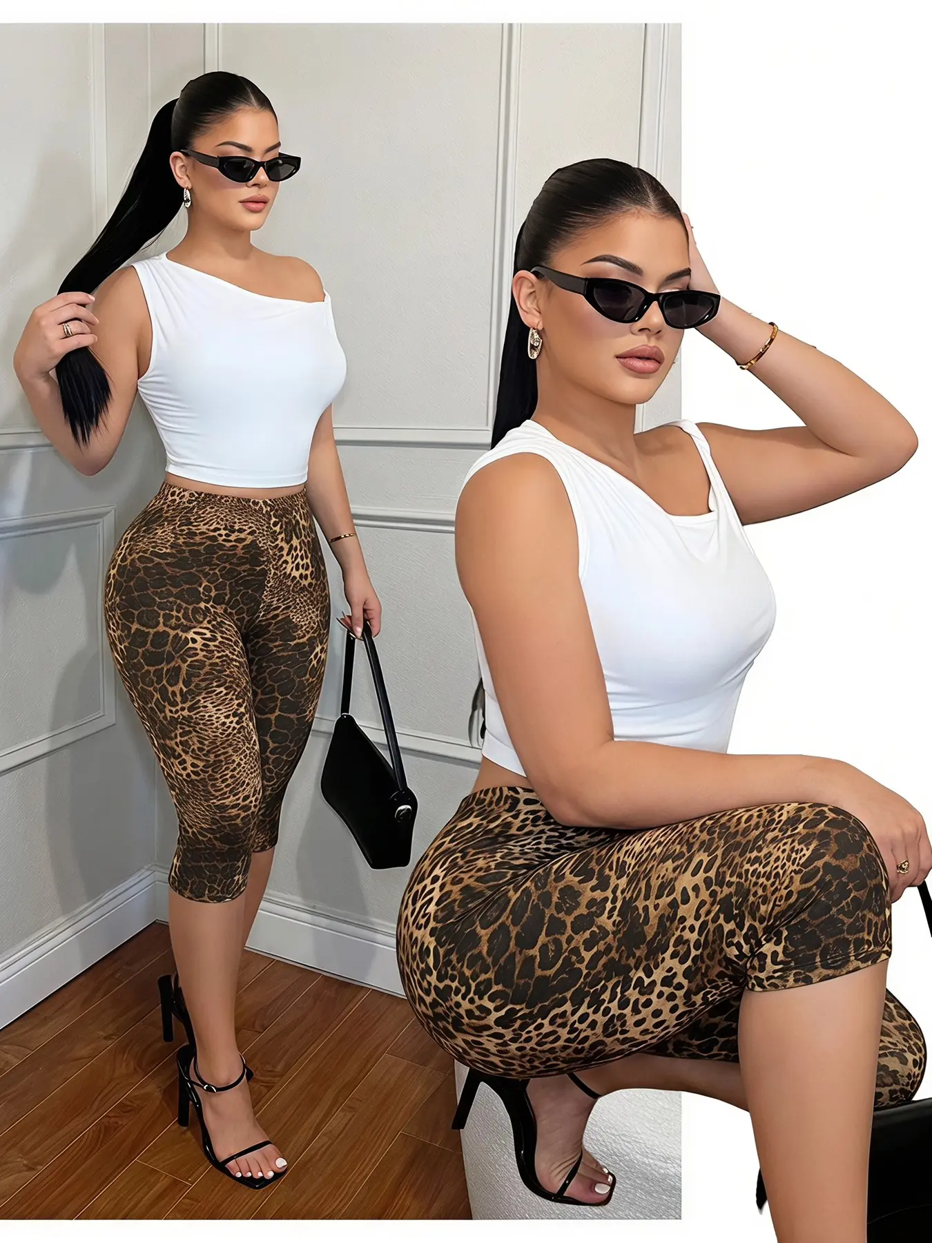 Soft Breathable High Stretch Jersey High Waist Leopard Print Bodycon Capri Leggings, High Waisted Stretch, Cropped For Daily Casual Streetwear Club Night Out, Mid Calf Leggings