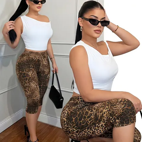 Soft Breathable High Stretch Jersey & High Waist Leopard Print Bodycon Capri Leggings, High Waisted Leggings, Daily Casual Streetwear for Club & Night Out