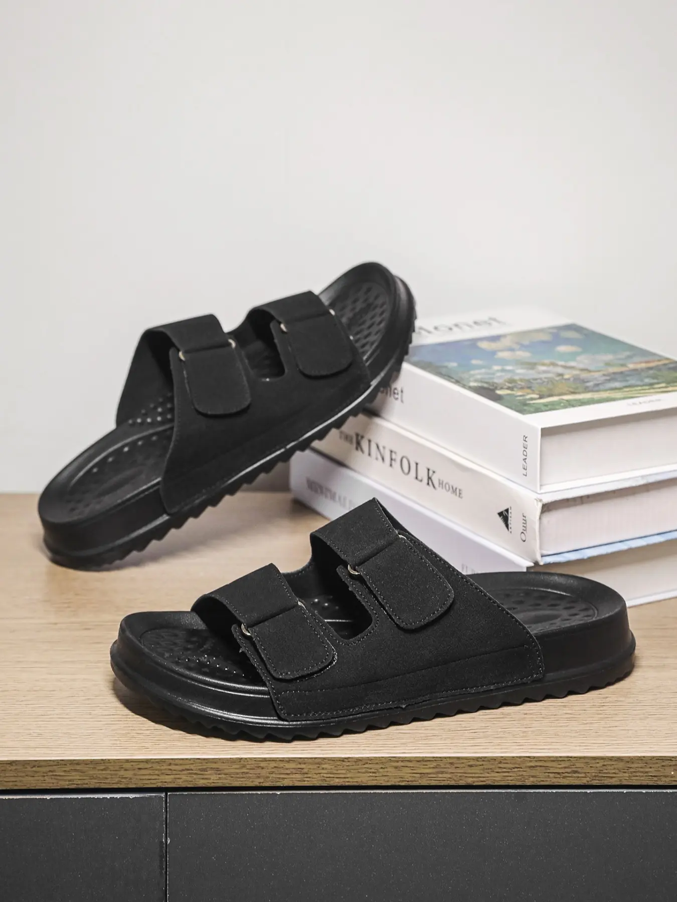 Men's Cowhide Suede Slippers, Eva Thick Sole, Adjustable Velcro, Non-Slip, Comfortable, Casual, All Seasons, Home Beach Outdoor