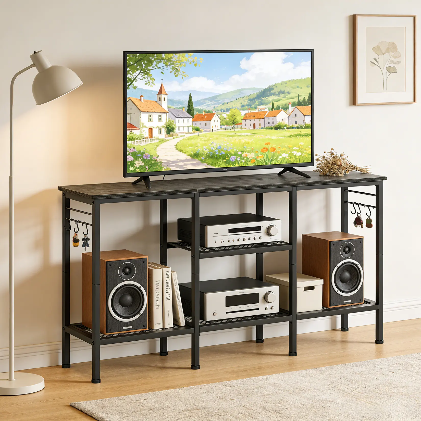 TV Stand for TVs Up to 55 Inches, Modern Media Console with Soundbar Shelf & Open Storage, Media Console Table with Soundbar Shelf for Living Room, Bedroom,Easy Assembly﻿