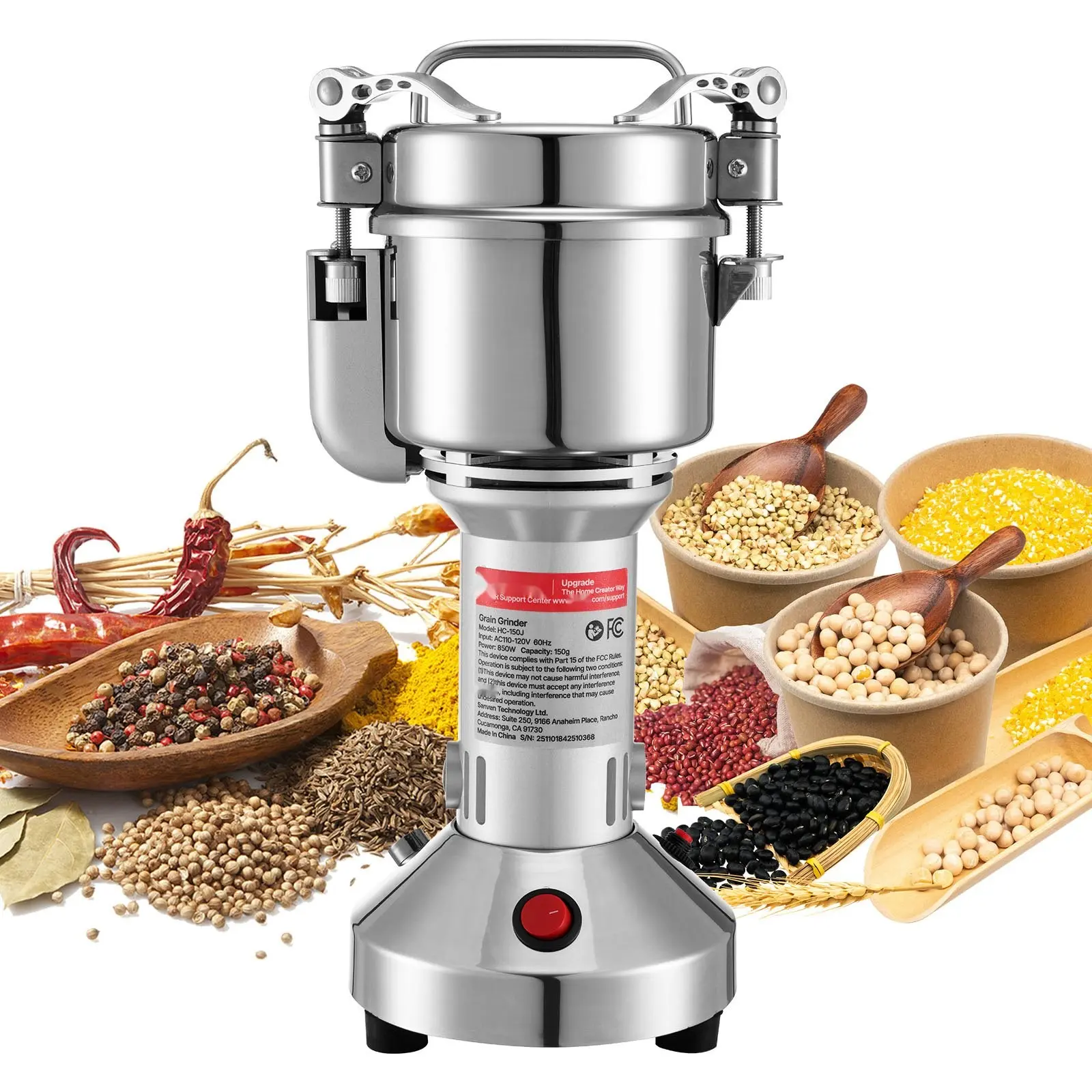 Electric Grain Mill Grinder 850W Stainless Steel Pulverizer Powder Machine for Dry Grains Spices Cereals Coffee Corn Pepper and Nuts 0.3 Lb Capacity Commercial Home Kitchen Use High Speed Milling