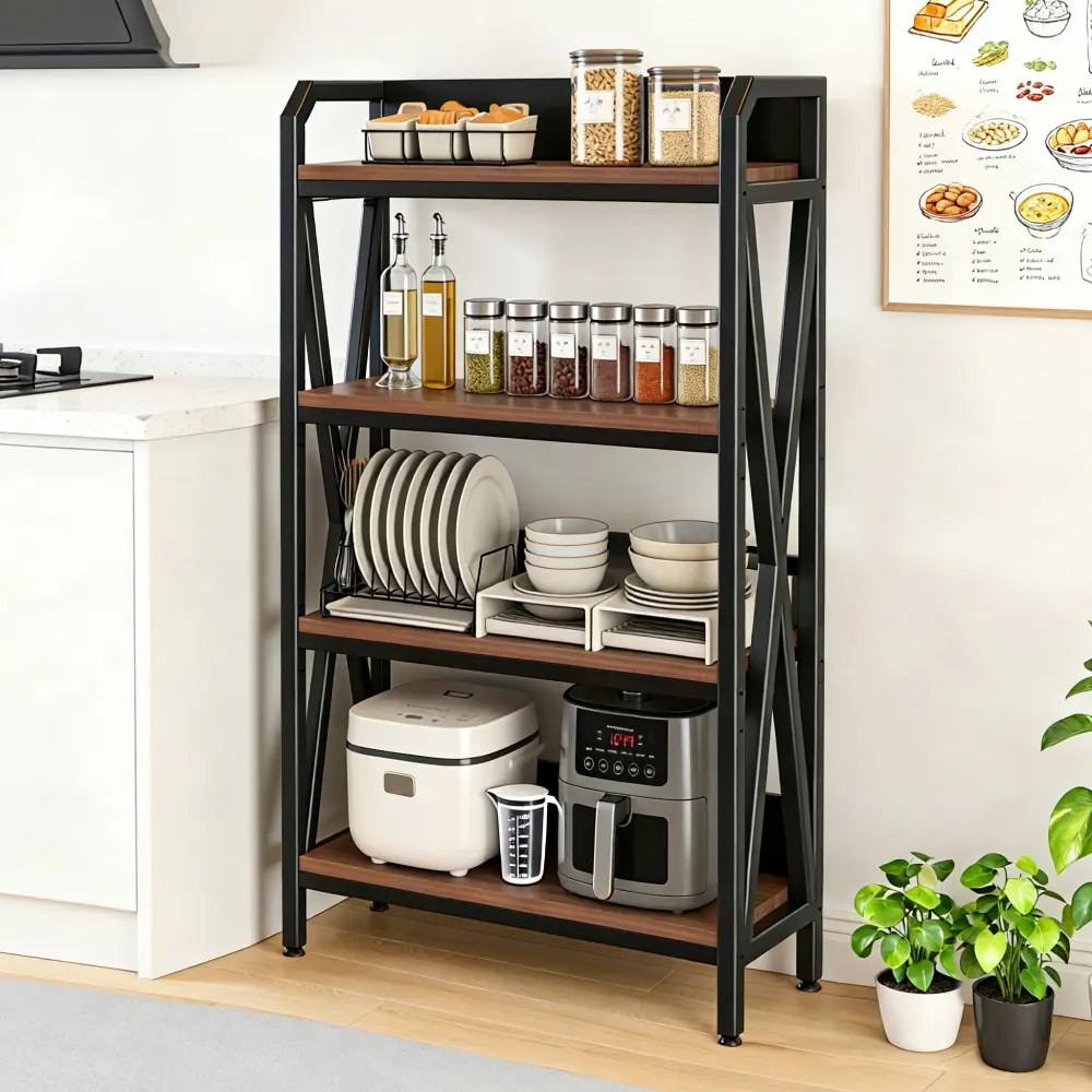 Littleox Farmhouse Bakers Rack - 4-Level High Storage Shelves, 56.30in Rectangle Metal-Wood Frame, Anti-Slip Edges, Complete Kit, 33.50in Length, Indoor Kitchen Furniture Organizer