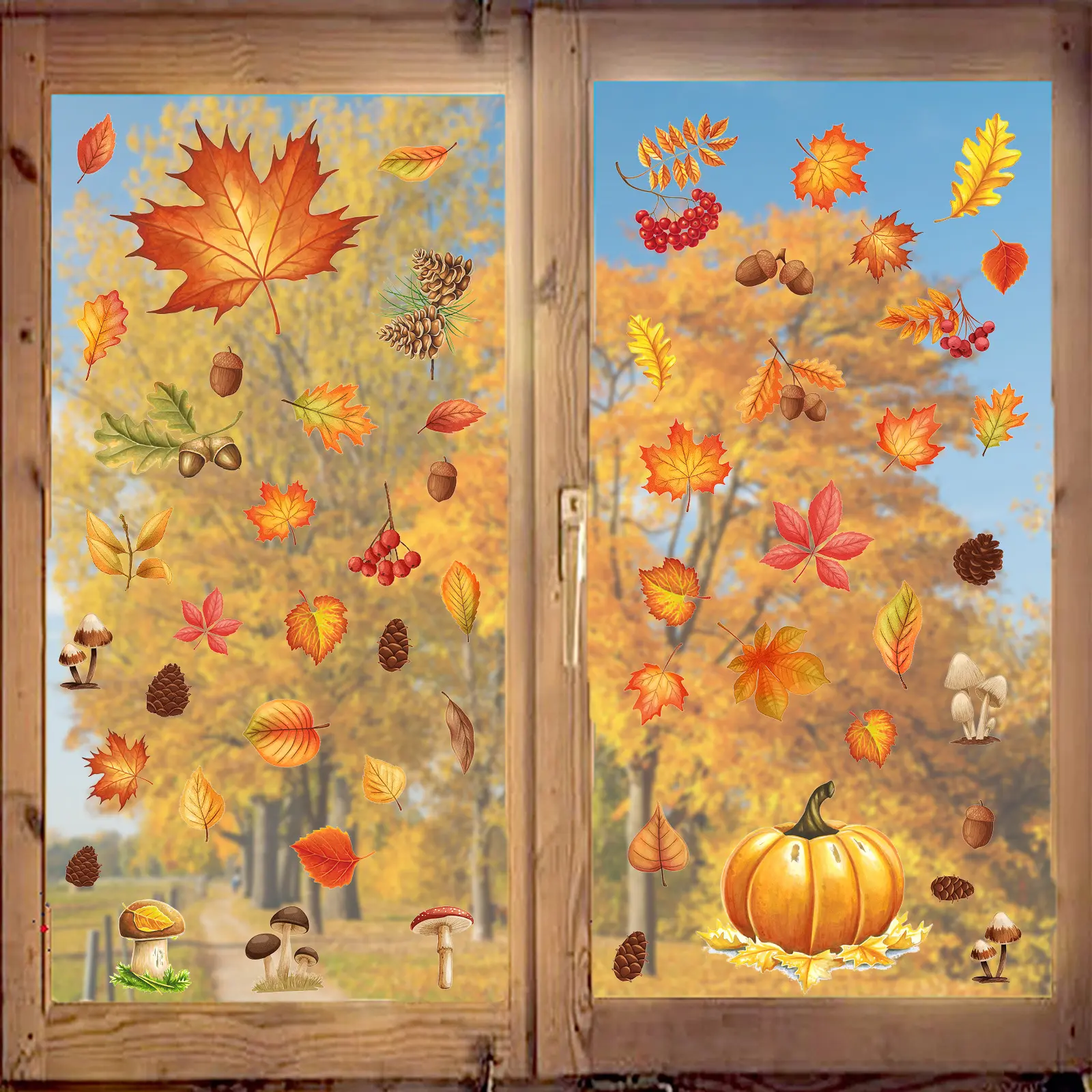 Decorative Lightweight Maple Leaf Pumpkin 5 Sheets 20*30cm Static Window Clings, Durable Reusable Removable Glass Decals for Home Thanksgiving Party Decor