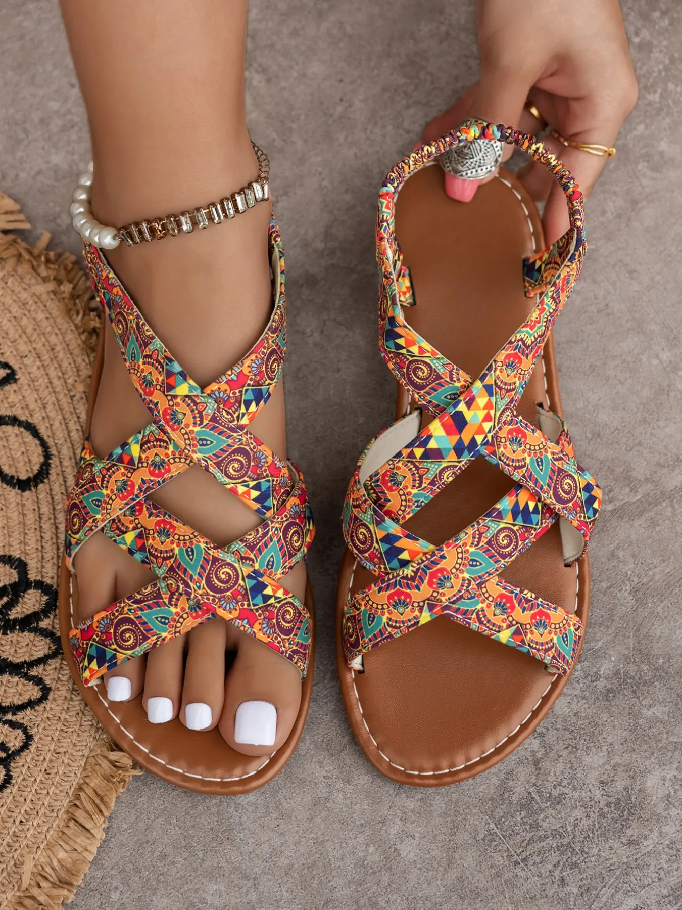 Women's Summer Boho Braided Strap Flat Sandals, Fashion Elegant Outdoor Casual Party Shoes, PU Leather Tie Dye Design