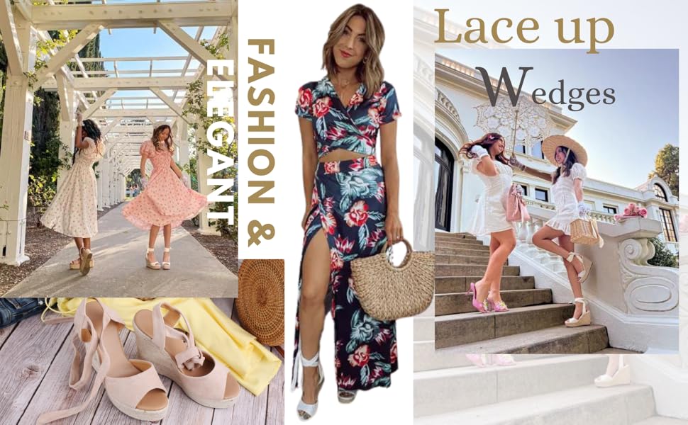 Fashare Womens Espadrilles Wedges Sandals Heels Open Toe Tie Lace Up Platform Ankle Strap Summer Dress Shoes