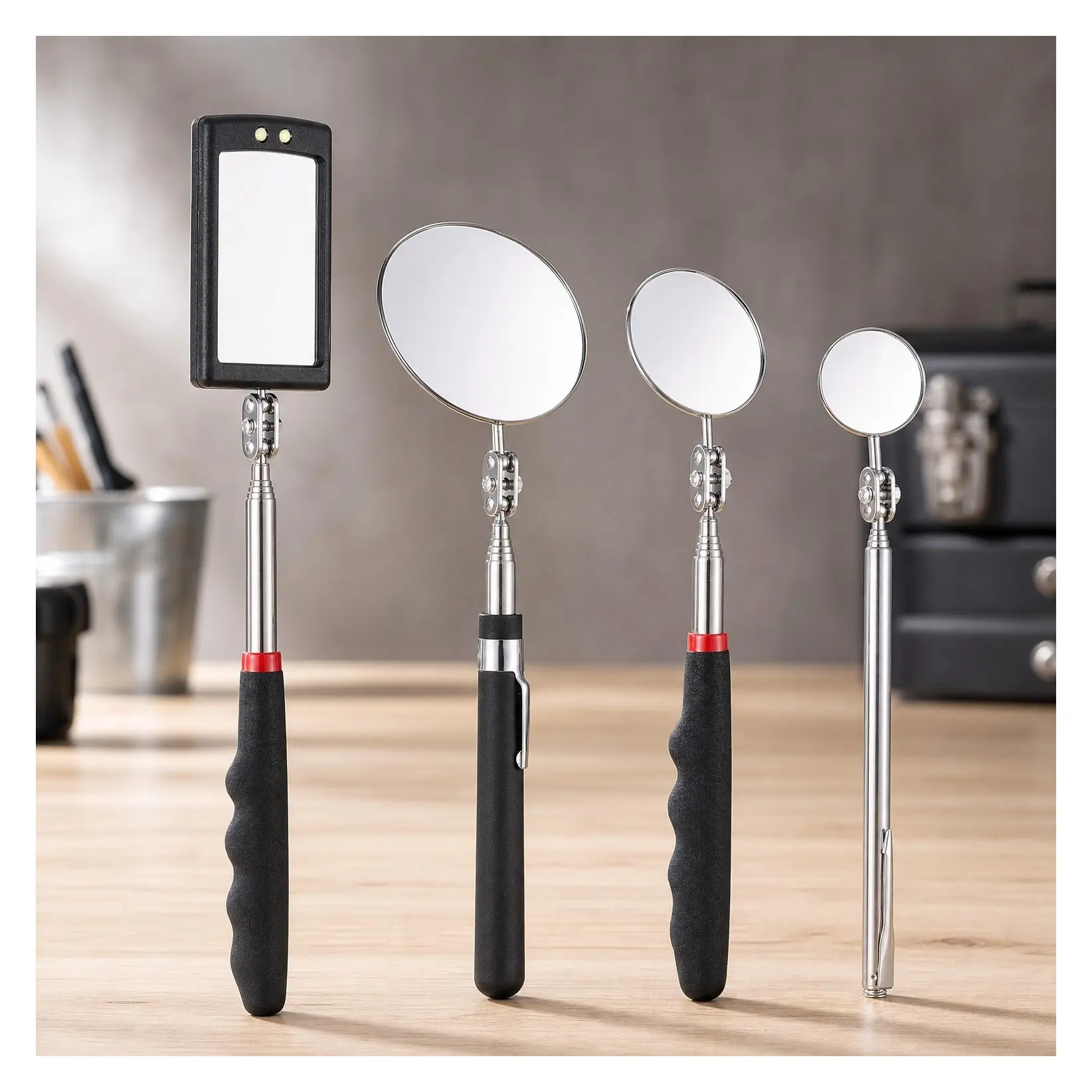 4 Pcs LED Inspection Mirror - Telescoping Flexible Tool for Mechanics, Checking Vehicle Engine Parts, HVAC Systems, Tight Spaces, Non-Slip Grip HandleGift