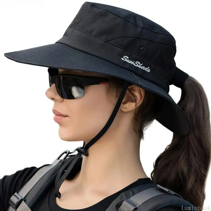 Women's Stylish Wide Brim Ponytail Bucket Hat - UV Protection, Foldable, Breathable, Lightweight Sports Accessory for Female Adults, Beach Hiking Summer Outdoor Activities | Women's Hats