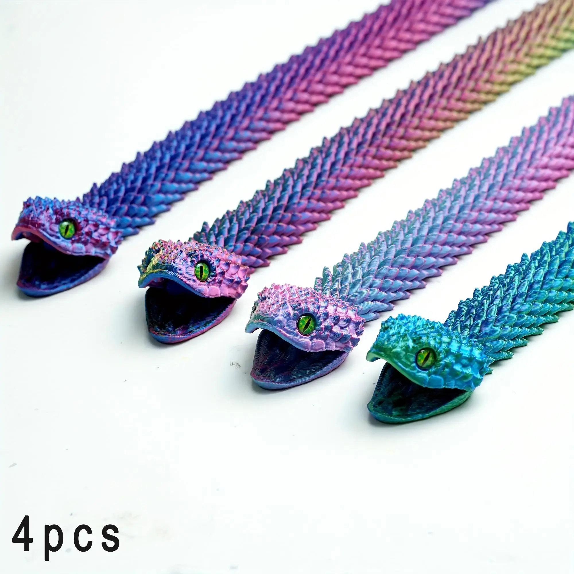 4 Piece Mixed Color 3D Printed Viper Python Jointed Snake Statue Bendable Rainbow Snake Sculpture Indoor Outdoor Display Collectible Ornament Party Decor