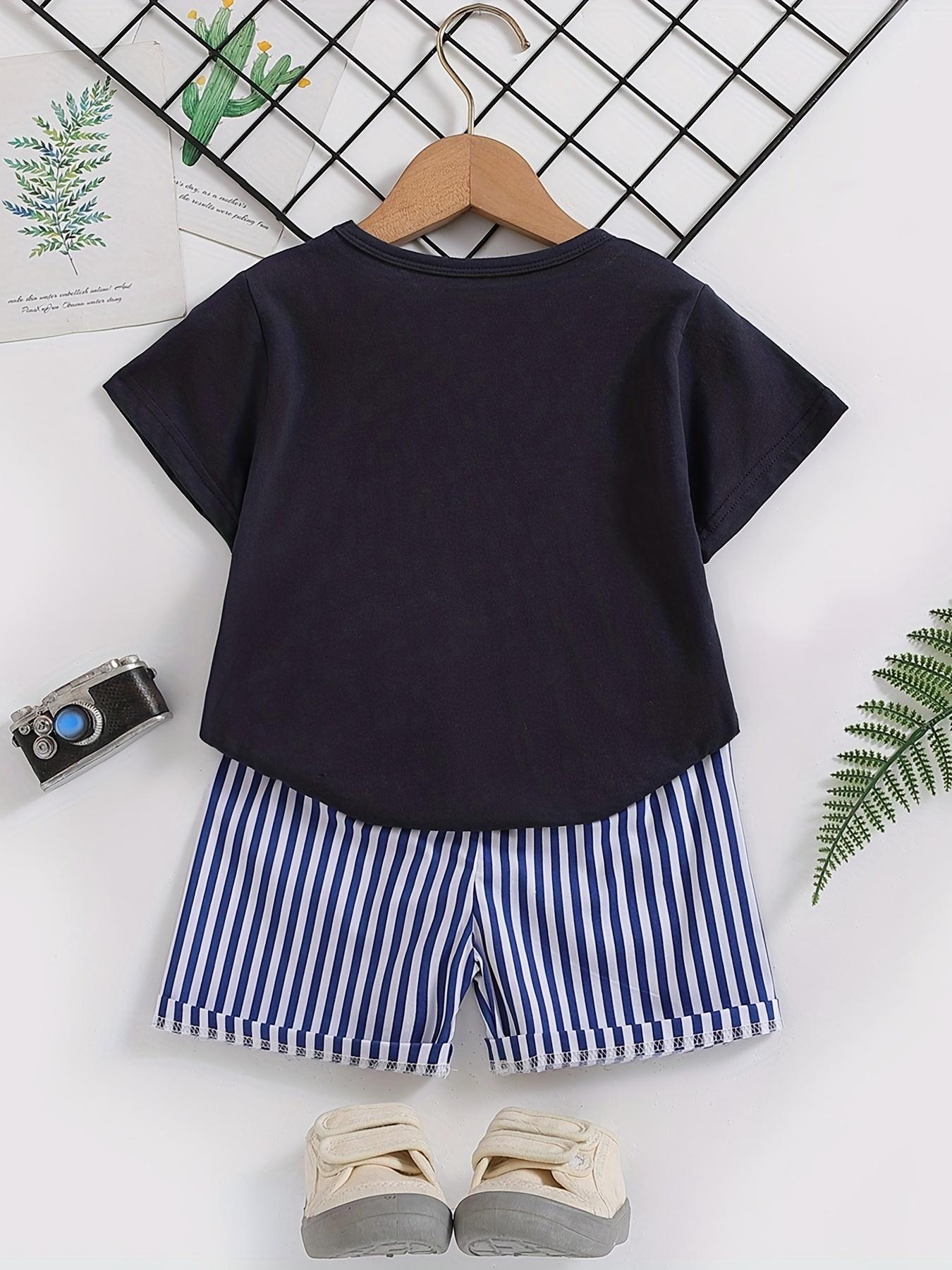 Boys' Casual Summer Outfit - Cute Cartoon Design with Whale & Hot Dog Graphic - Short Sleeve T-Shirt & Whale Shorts Set - Blue & White Striped Pattern - Regular Fit for Casual Attire - Boy Shorts - Everyday Kids Clothing - Playful Kids Fashion -