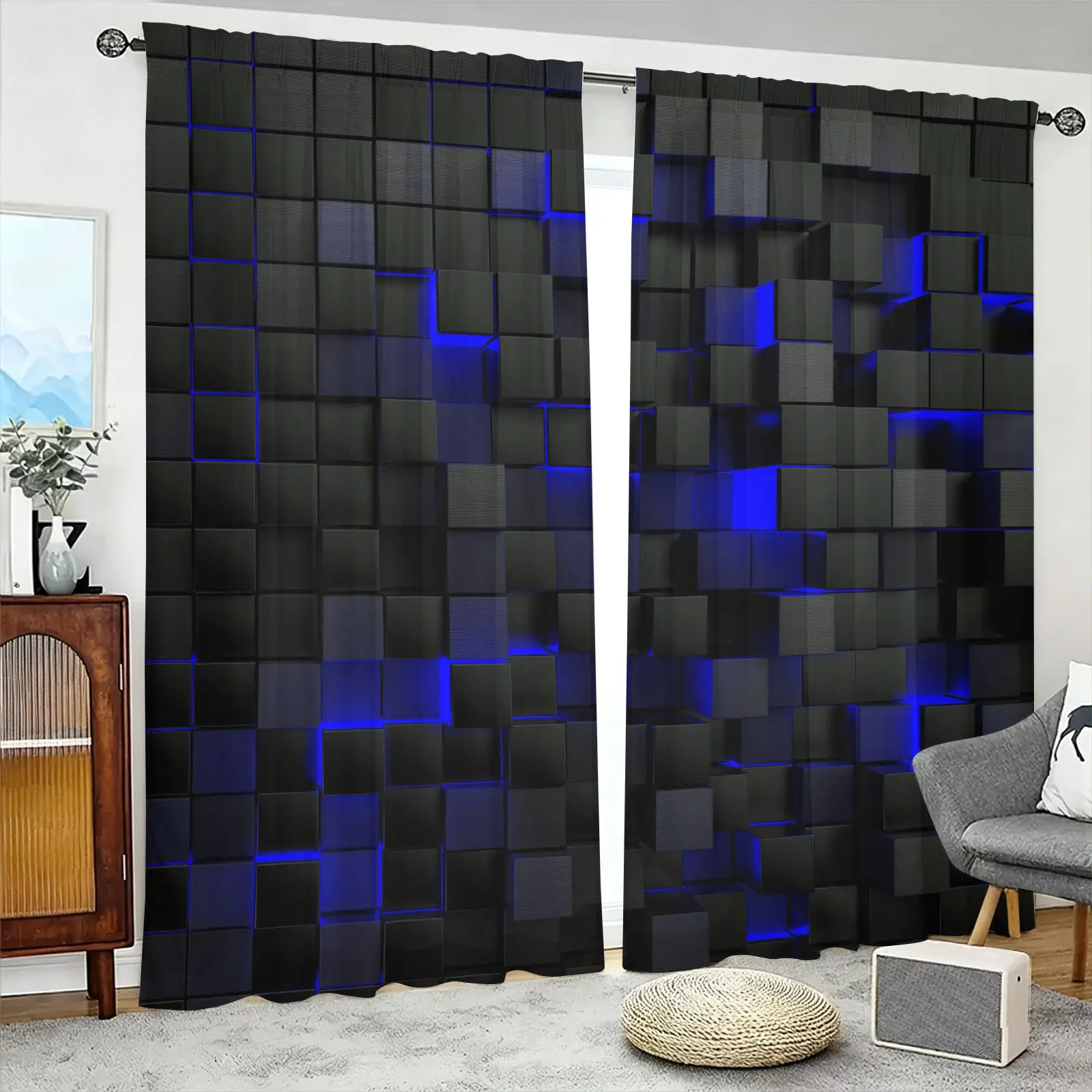 Blue and Black Neon 3D Block Esport Curtains 2-Pack-Easy Install Rod Pocket-Insulated Noise-Reducing Privacy Drapes-Suitable for Gaming Room, Boys Trendy Cool Dorm and Cyberpunk Style Bedroom Decor