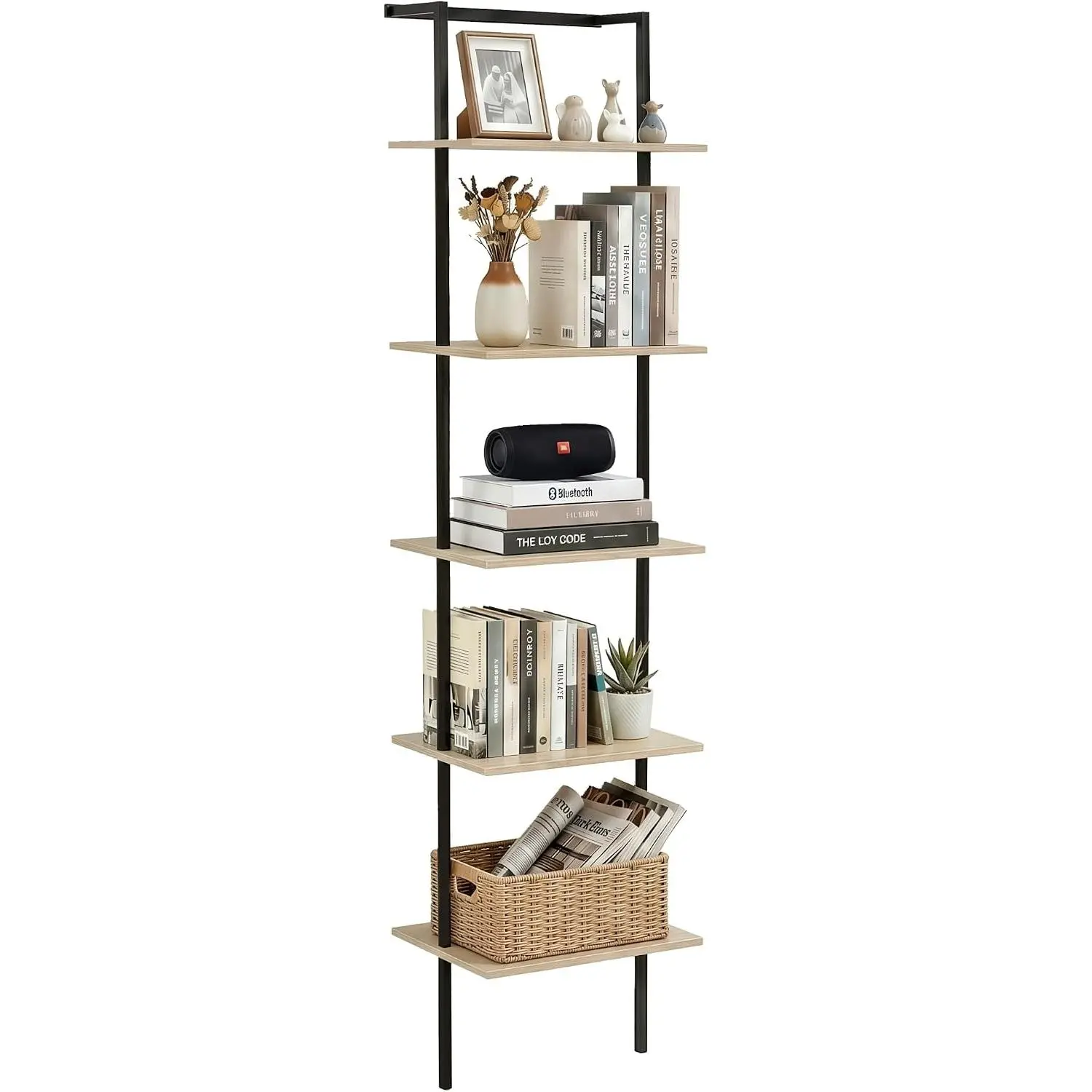 5-Tier Wall Mounted Ladder Shelf, Light Oak, 64.7" H | Tall Open Storage Rack, Book Display, for  Office, Bedroom, Living Room, Easy to Assemble