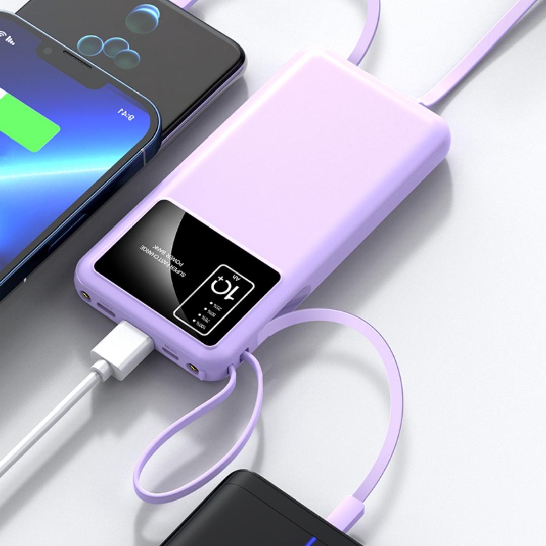 10,000 mAh Portable Charger Power Bank, Mini Battery Pack with 4 Built-In Cables, USB Charger Mobile Power Bank for iPhone 13&ndash;16 and Samsung Android Phones, External Battery Pack