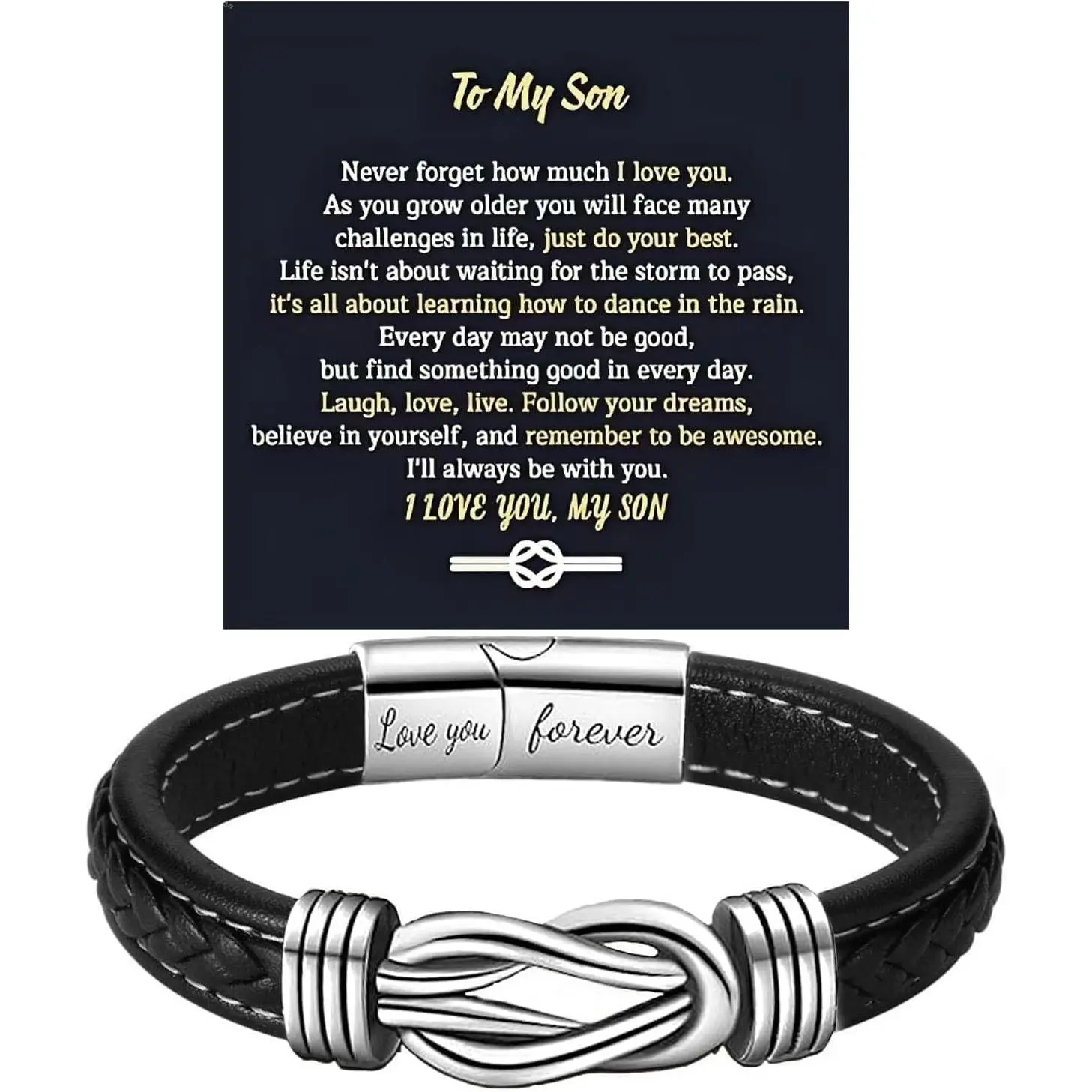 To My Son Bracelet From Mom, Infinity Knot Love You Forever Linked Together Stainless Steel  Leather Cuff Mens Birthday Weave