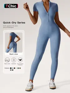Women's Solid Zipper Mock Neck Sports Jumpsuit, Summer Outfits 2024, Casual Sporty High Waist Quick Drying Jumpsuit for Yoga Gym Workout, Ladies Summer Sportswear