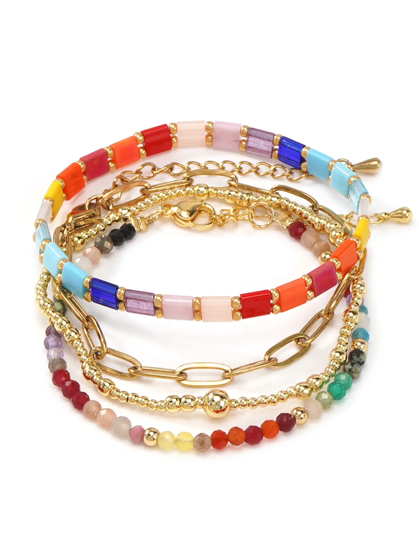5 Pcs Rainbow Tila Bead Bracelet Set, stackable wrist ornaments with metal chains, niche women jewelry, daily matching, pouch storage, Gift Box Included, layered wear, trendy decor for commutes, outings, gatherings, delicate gift for female friends.