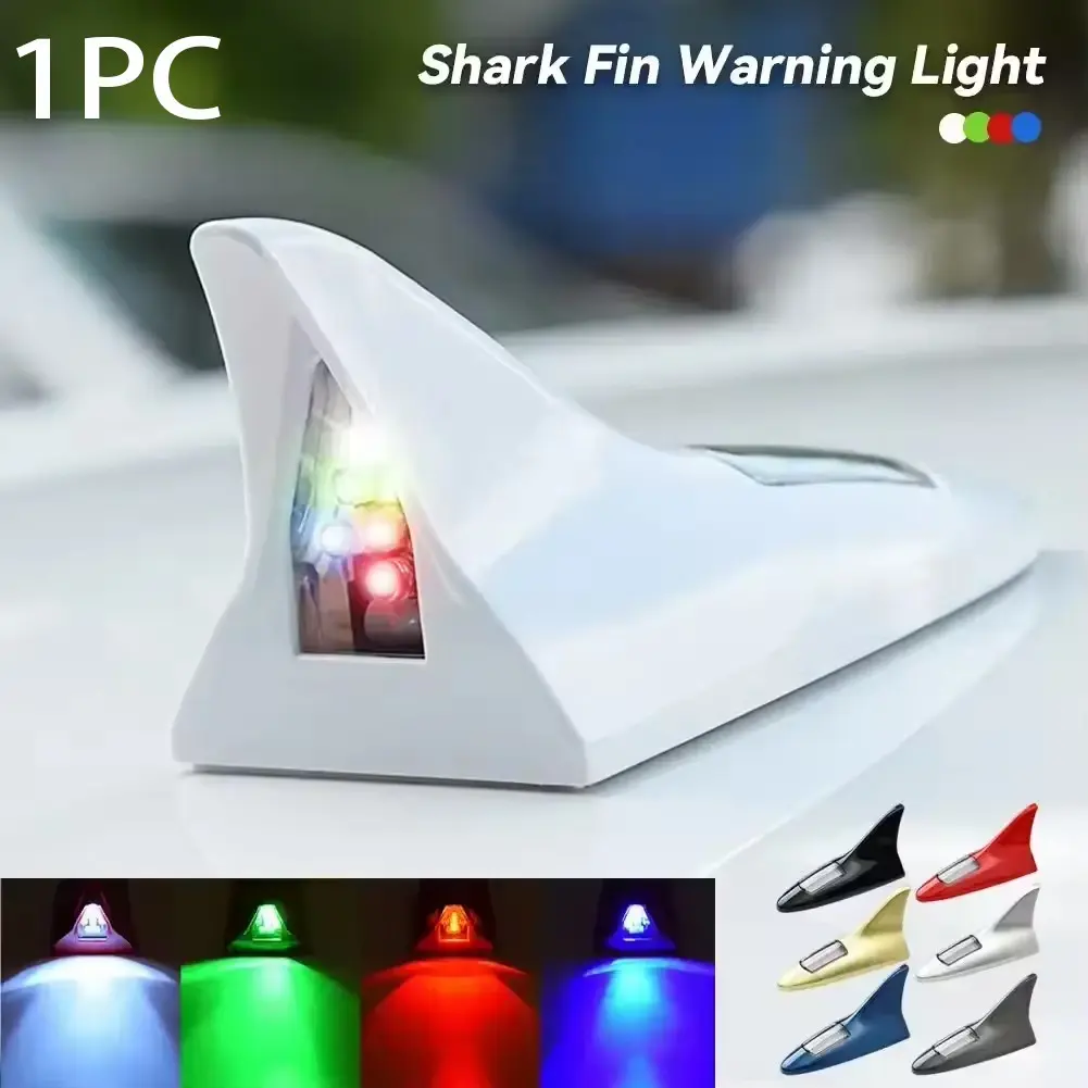 Universal LED Decorative Light Car Shark Fin Antenna with Solar Energy Solar Powered Auto Radio Signal Aerials Roof Antennas Driving Safety Warning Light Car Gadgets