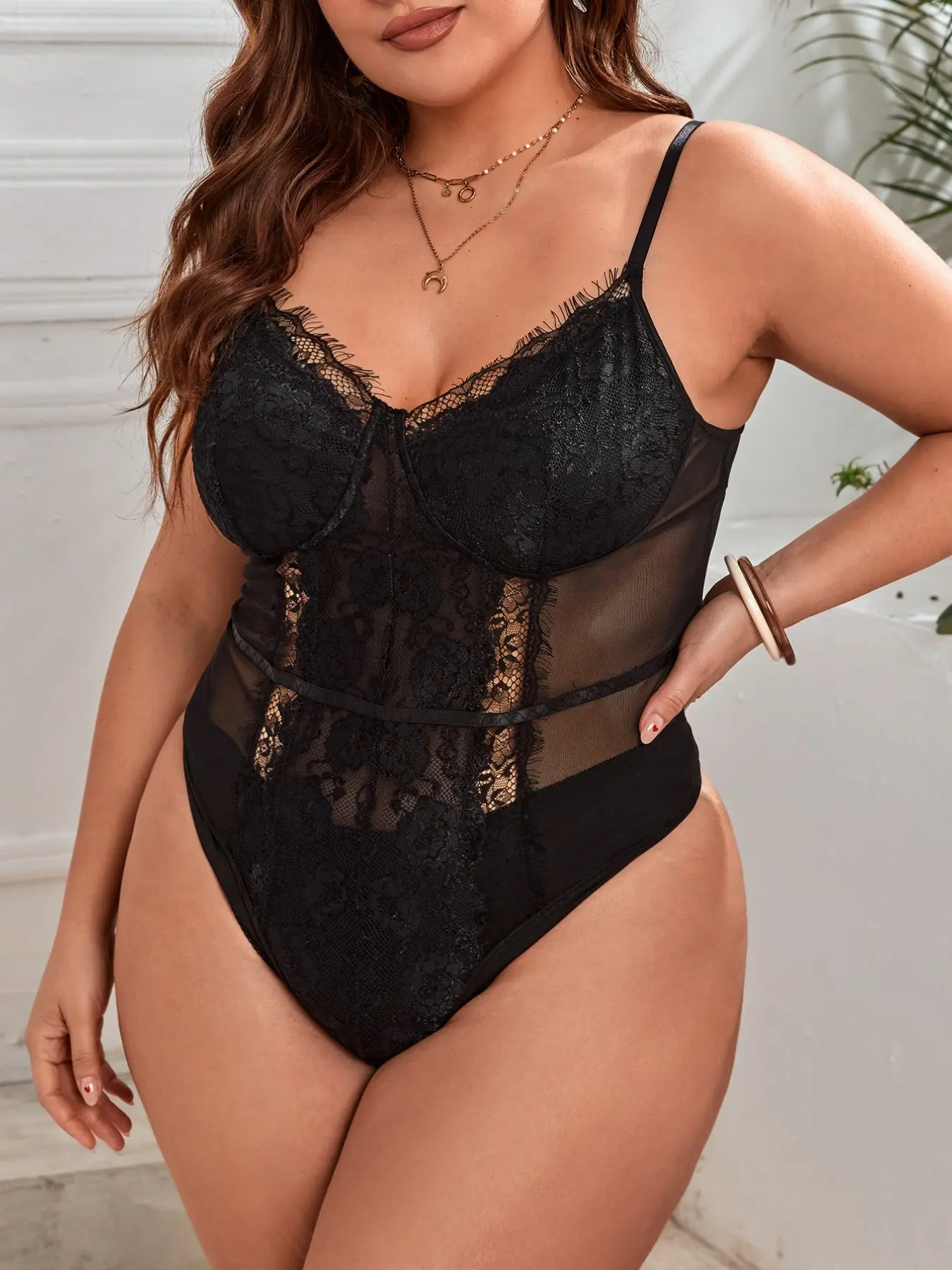 Plus Size Black Lace Bodysuit Curvy Women Medium Stretch Sheer Mesh Teddy Lingerie Top Sexy Date Night Outfit Clubwear Flattering Fit Dark Romance Flirty Layering Piece Thick Girl Fashion