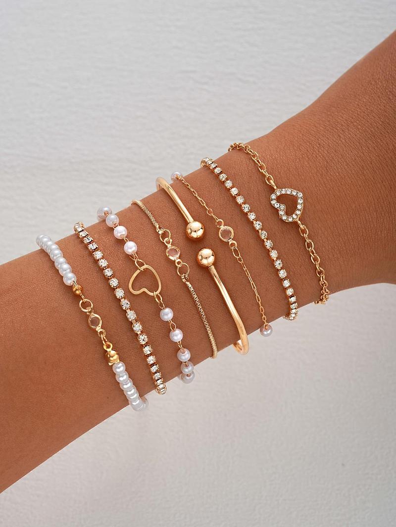 Women's Faux Pearl & Hollow Out Heart Design Bracelets, Open Bangle Bracelet, Simple Design Beaded Bracelet, Party, Daily Clothing Decor, Birthday Gift, Elegant Jewelry Bracelet