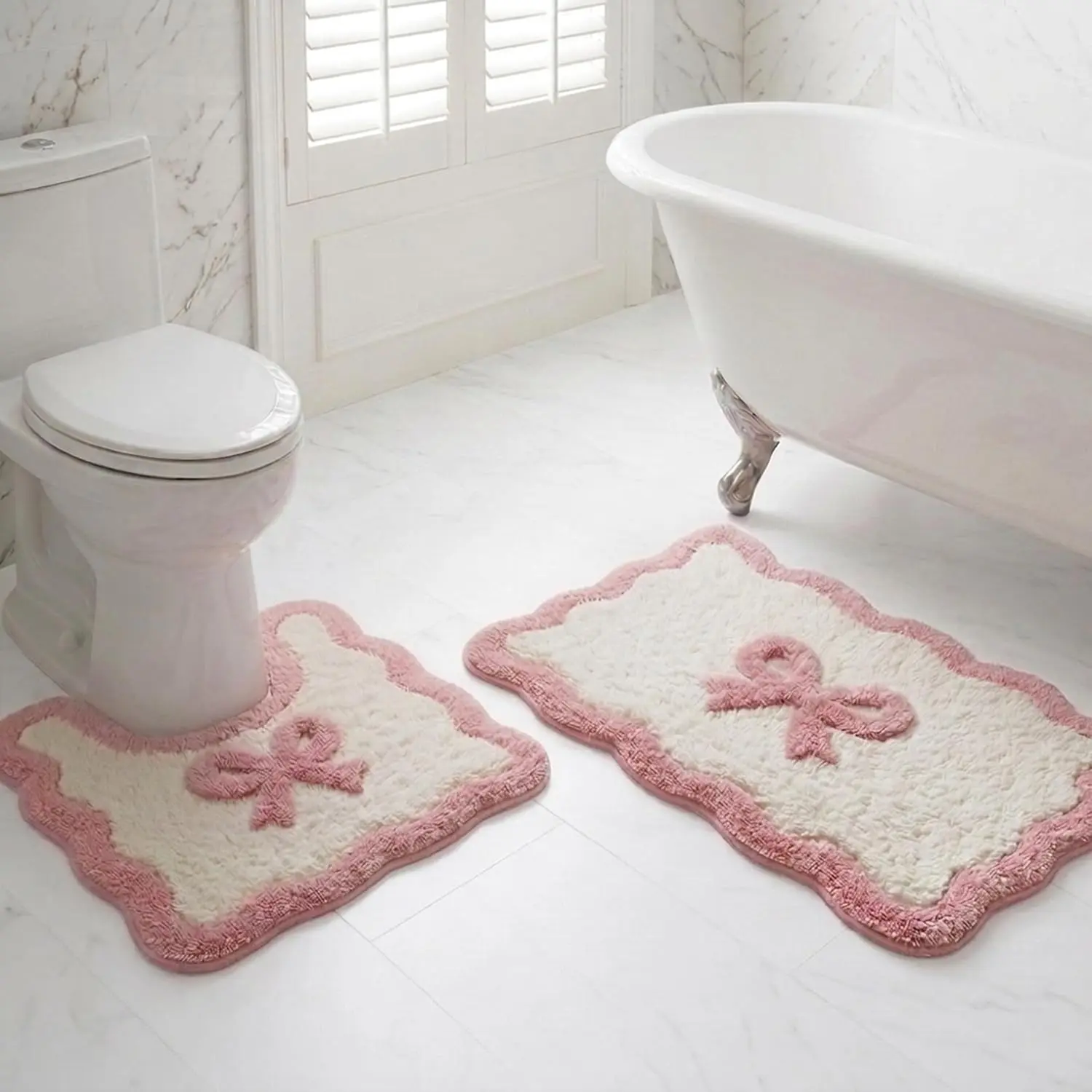 Chic Look 2-Piece Pink Bow Shape Bath Mat Rug Set - Non-Slip Absorbent Microfiber Mats with TPR Backing, Washable for Tub, Shower Area, Toilet Decor