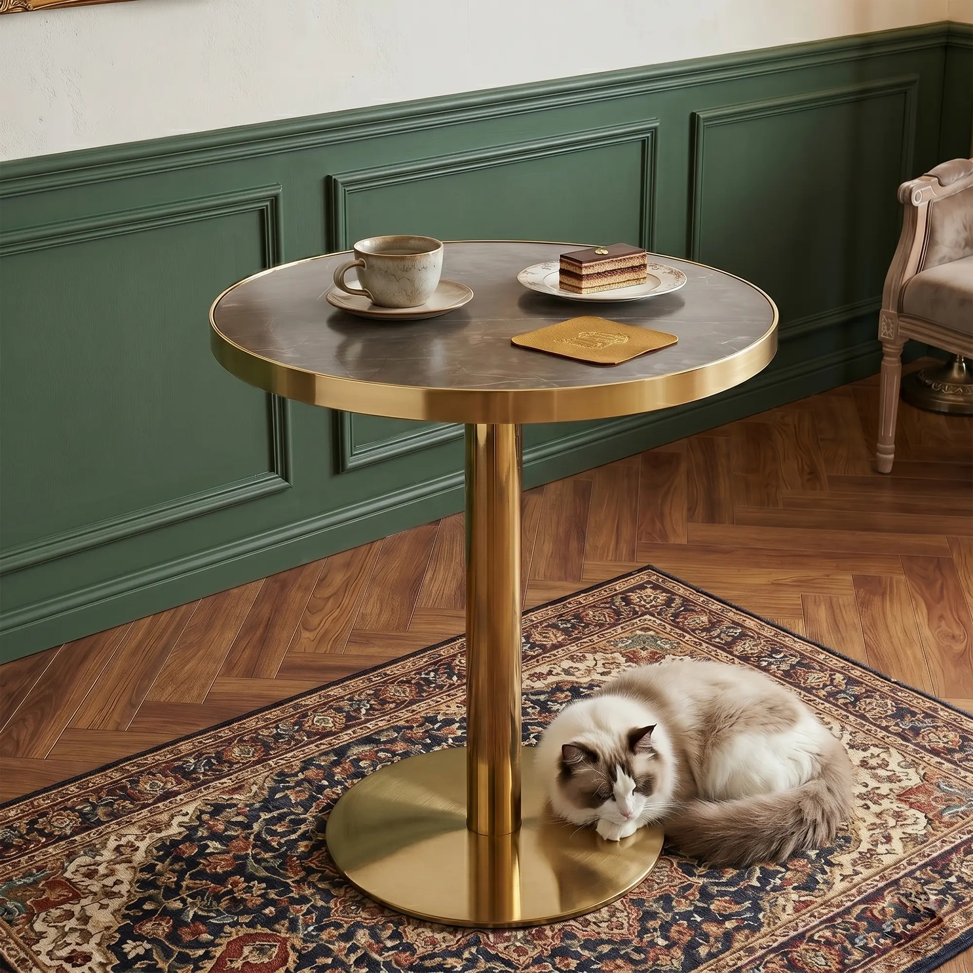 Nokaa Modern Round Bistro Table 23.6 Inch Small Dining Table with Faux Marble Top, Gold Pedestal Base & Stainless Steel Edge Banding, High-Gloss UV Finish Accent Table for 2, Kitchen Living Room Cafe, Color Options