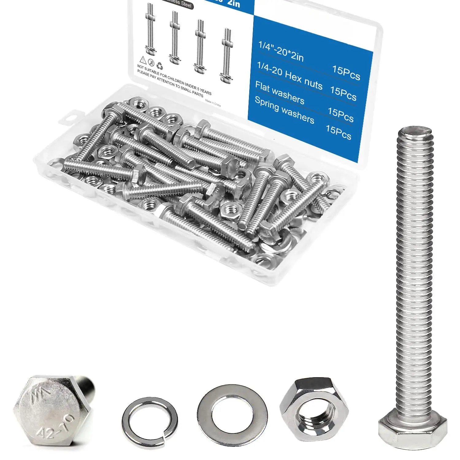 1/4x2 Hex  Set, 15 count 1/4"-20 Nuts and   Kit | 304 Stainless Steel, 2" Long Thread 1/4-20 by 2 Hex , Hex Nuts Flat Washers, Spring Washers SAE Right Hand