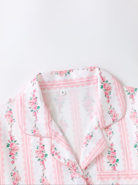 Elegant Floral Pattern Long Sleeve Pajamas Set, Light Button-Up Top and Pants, Casual Fitted Sleepwear, Matching Pyjamas for Spring & Fall