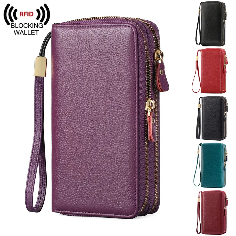 Leather Women Wallet RFID Blocking Zipper Around Phone Holder Clutch Wristlet Large Capacity Wallets for Women RFID Blocking Large Capacity Wristlet Bifold Card Holder Small Wallet for Women