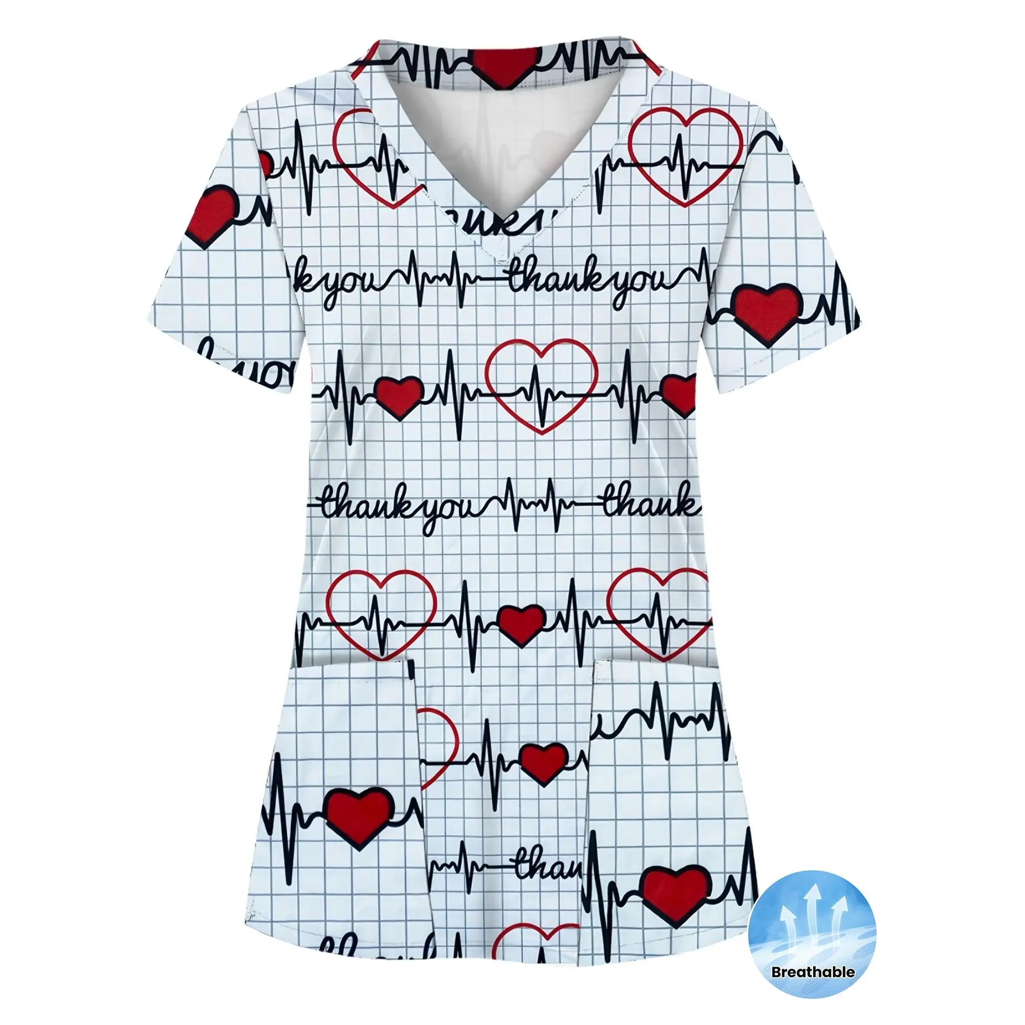 All-Over Print, ECG Pattern, Two Pockets, Women'S Scrub Top, Comfortable T-Shirt for Healthcare Professionals - Soft, Breathable, And Practical Uniform, Suitable for Hospitals, Dental Clinics, Beauty Salons, And Facilities, Nurse Workwear