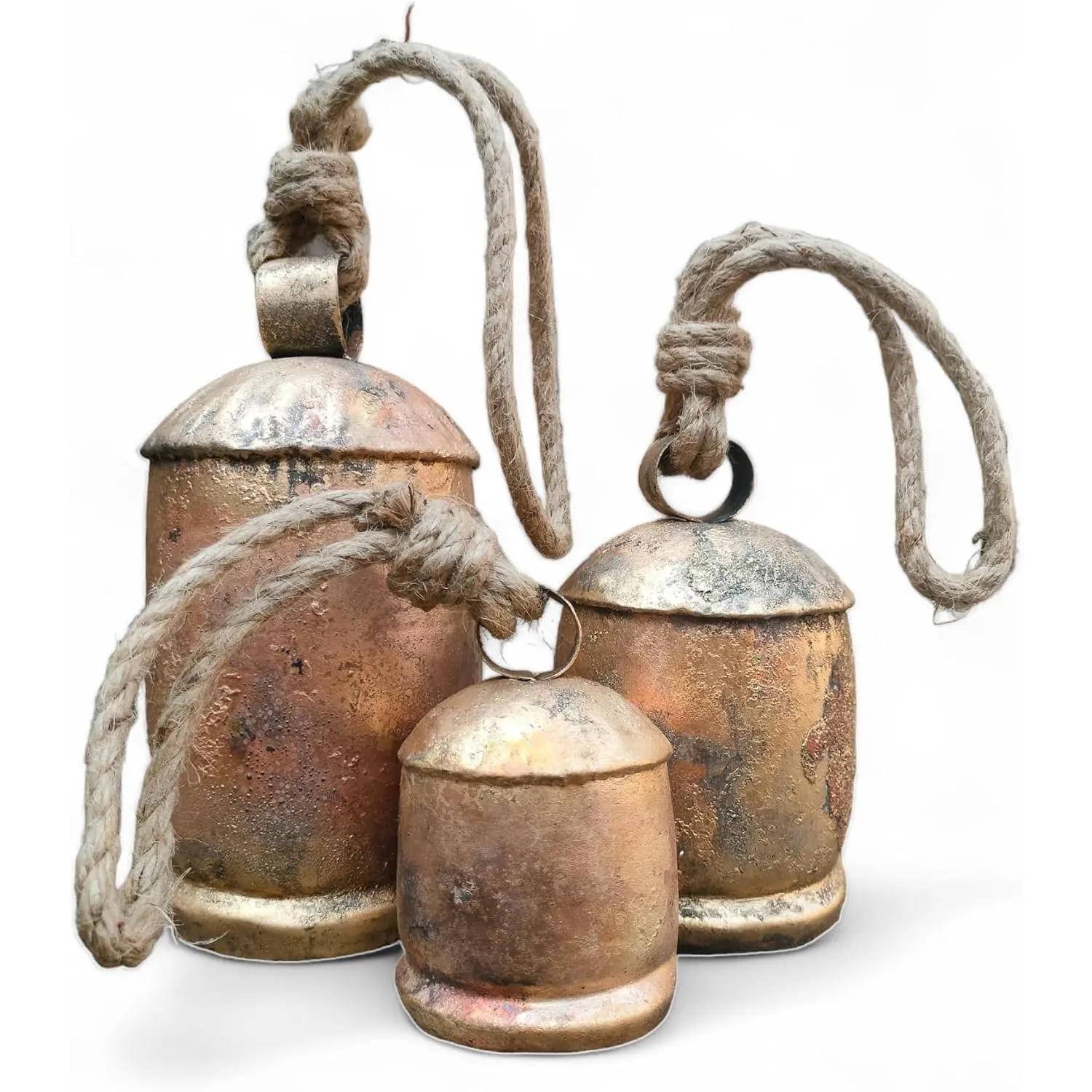 3-Piece Antique Rustic Look Brass Gold Large Metal Christmas Bells Set, Wall Ornaments, Rustic Cow Hanging Decor for Kitchen Tableware Display, Large Size