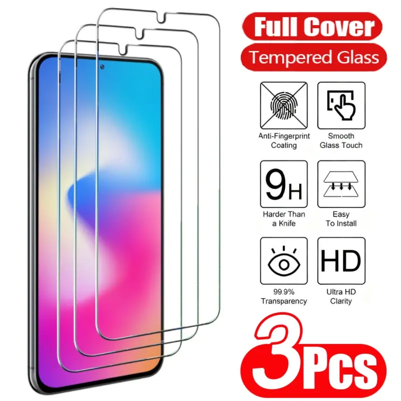 3pcs HD Clear Tempered Glass Cellphone Screen Protector For Samsung Galaxy S20 S21 S23 S24 S25 FE A51 A52 A53 A54 A55 A13 A14 A15 A23 A24 A33 A34 A35 4G/5G Protective, 9H Hardness, Bubble Free, Case Friendly, Anti-Scratch