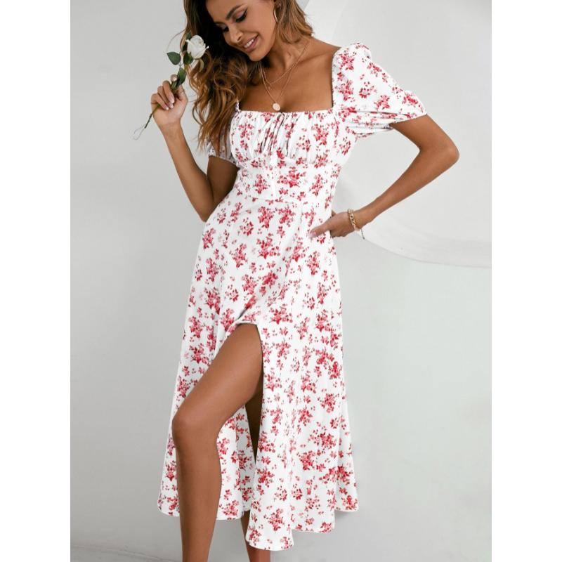SHEIN Holidaya Allover Floral Knot Split Thigh A-line Dress