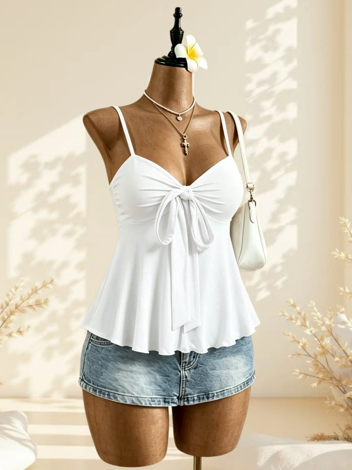 Vintage Sweet & Spicy Summer Gathered Tank Top, Boho Sleeveless Top, V-Neck with Large Bow, Leaf Hem, Slim-Fit, Casual Women's Backless Vest, Single Piece