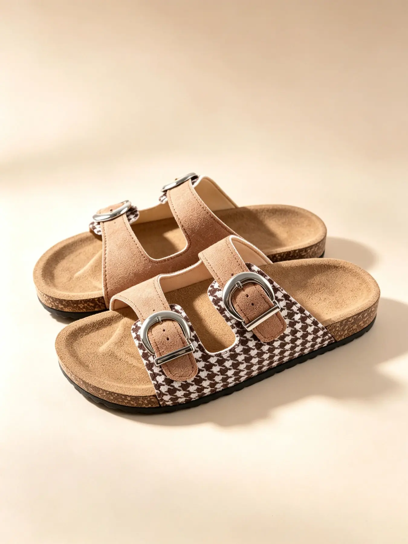 Checkered Pattern Open Toe Slippers, Adjustable Straps, Thick Sole, Casual Footwear, PVC Sole, Medium Width, 4 Colors Available