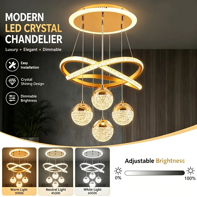 Gold Finish Modern Dimmable LED Crystal Chandelier, 3-Color Adjustable Height Ceiling Light for Dining Room, Living Room,Coleman,hotel,curtain,disco,bulb,game,acrylic,quartz,usb