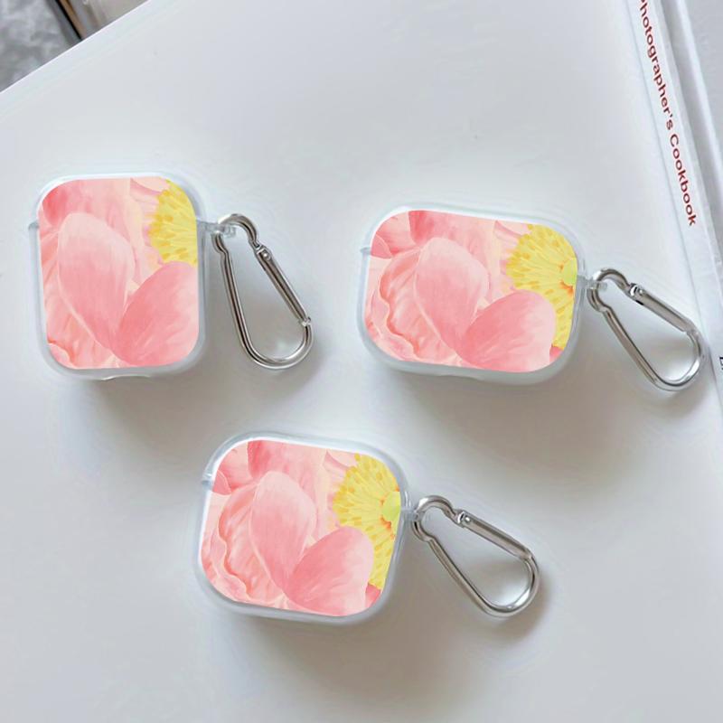 Pink Peony Dream Pattern TPU Soft Protective Case for Apple AirPods 4/3/2/1/Pro/Pro2 Transparent Earphone Cover with Keychain Attachment
