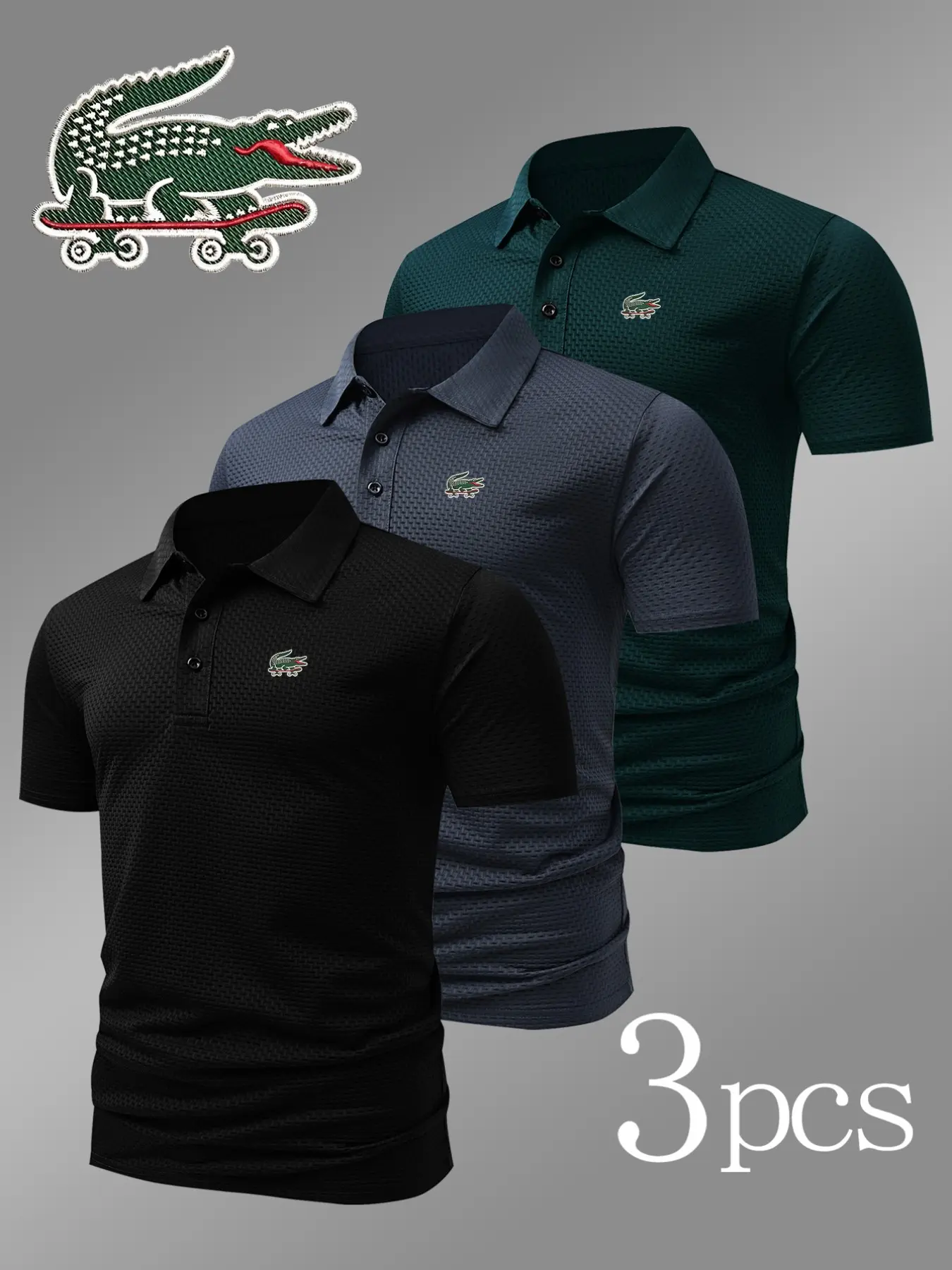 3-Pack Men's Embroidery Style Polo Shirt, Geometric Pattern, Fitted Design, Breathable & Durable, Casual Wear for All Seasons, Breathable Summer Polo