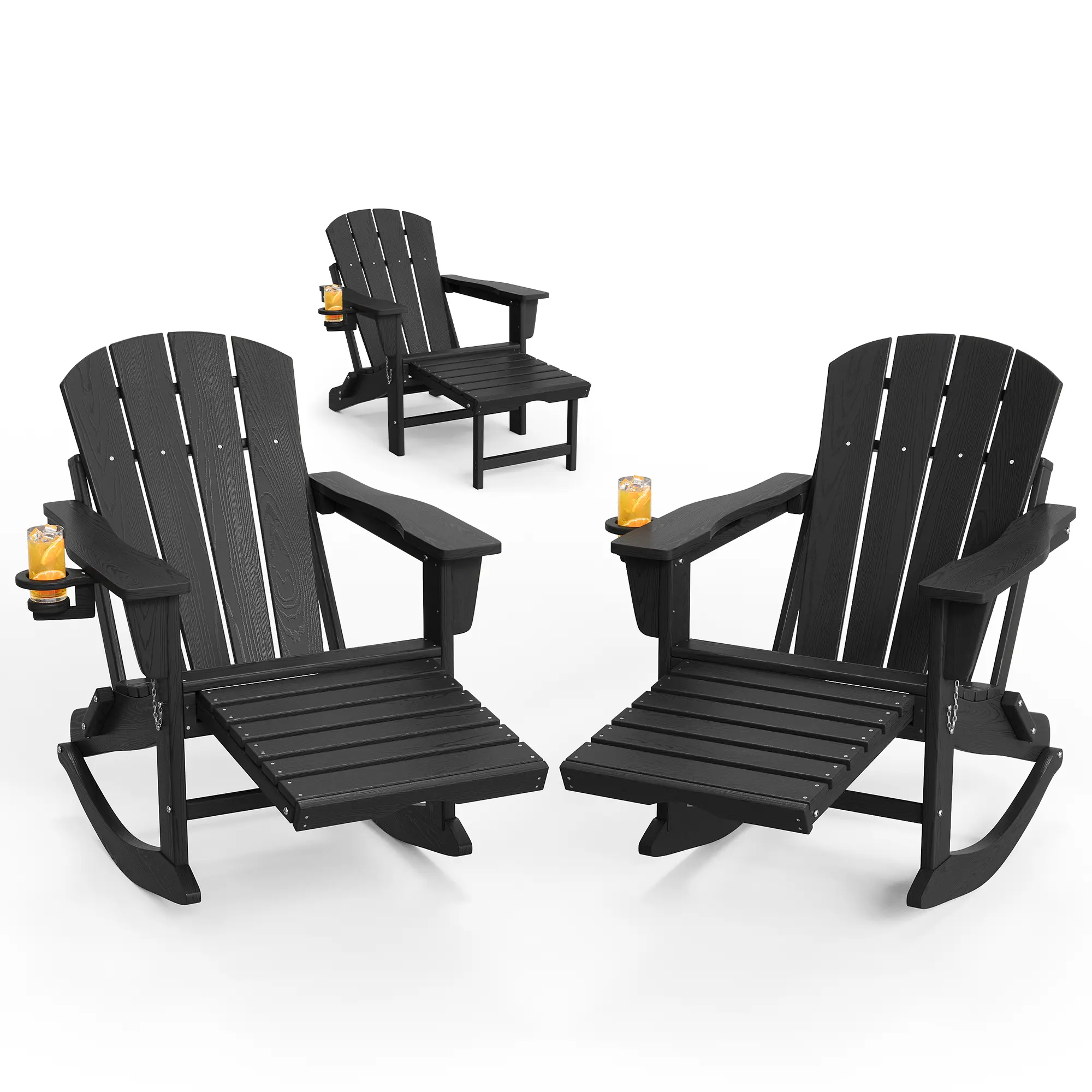Folding Adirondack Rocking Chair Set of 2 – All-Weather HDPE Patio Chairs with Wooden Texture, Retractable Ottoman & Cup Holder – Comfortable Outdoor Seating for Garden, Deck, Porch, Fire Pit, Black, 2 Pieces per Box