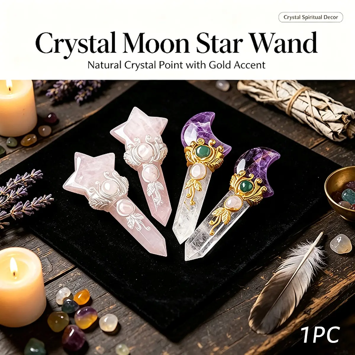 Mini Natural Crystal Moon Star Point Magic Scepter, Healing Stone Fairy Wand, Hand Crafted Ornament, Halloween Christmas Decor, Spiritual Gift