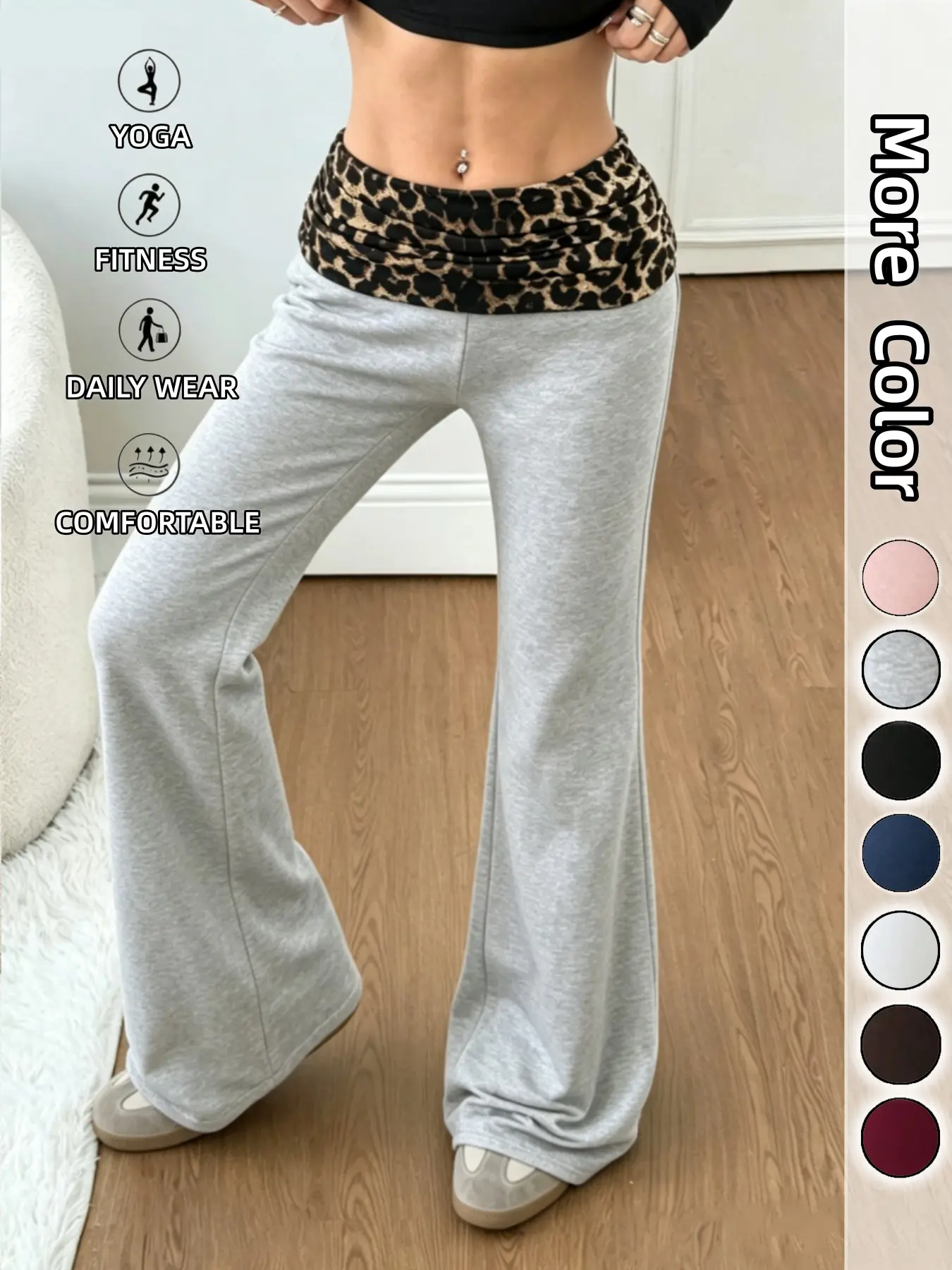 Women Flared Yoga Pants High Waist Leopard Fold Over Waistband Wide Leg Tummy Friendly Loungewear Classy Soft Stretch Casual Lounge Pants Autumn Holiday Outfits Daily Wear Gym