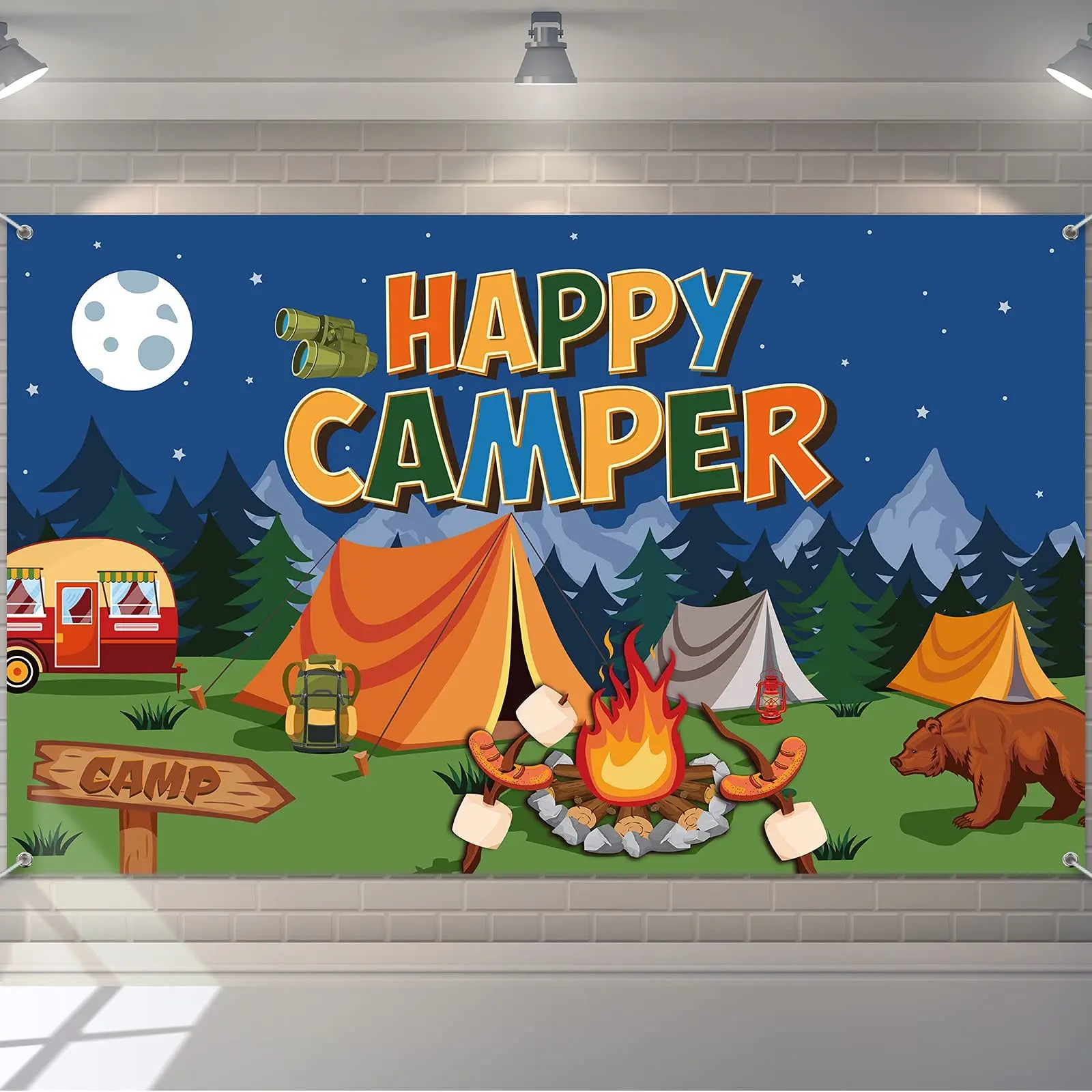Camping Backdrop, Happy Camper Banner, Outdoor Birthday Party Decor, Forest Campfire Scene, Adventure Party Background, Tent Camping Decoration