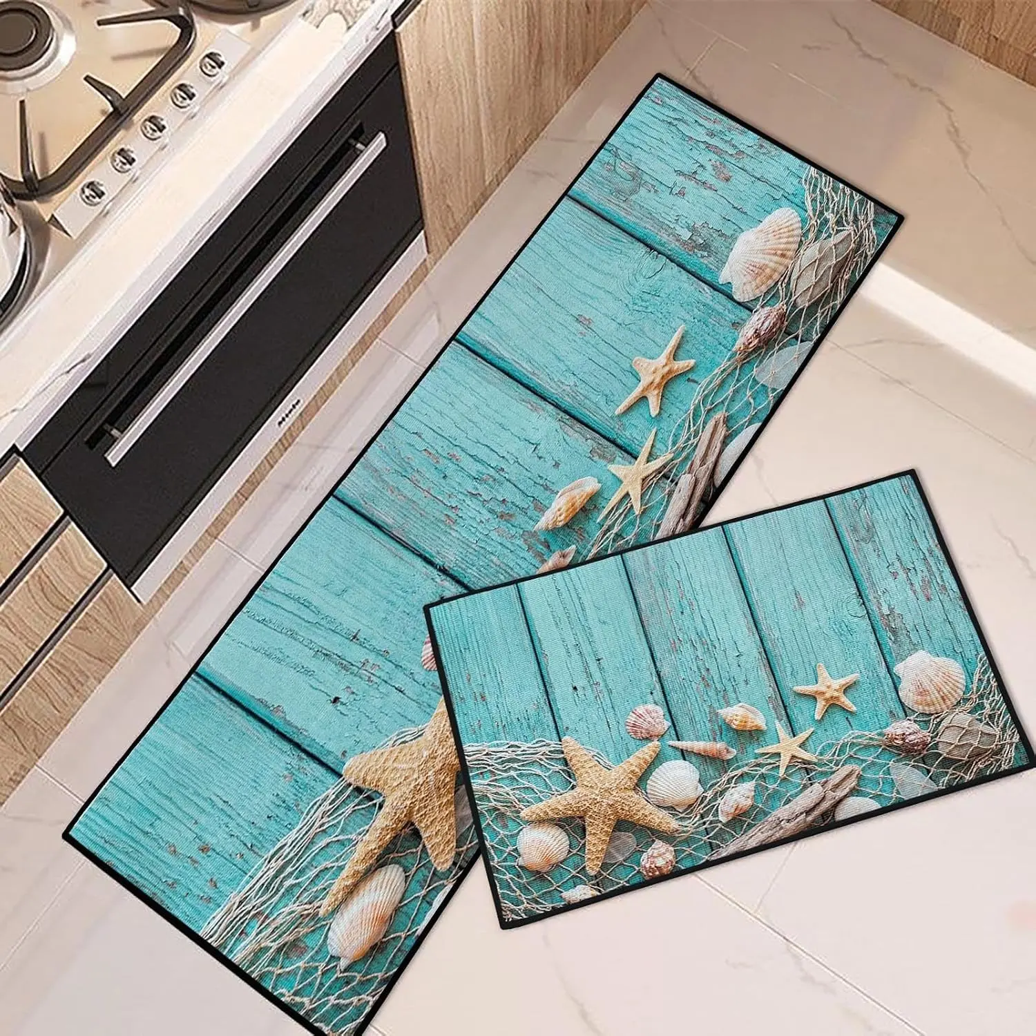 Non-Skid Washable Kitchen Rugs and Mats Set of 2, Rustic Starfish Shells & Turquoise Wooden Planks Floor Mats, Tropical Beach Runner Rug, Summer Kitchen Decor(Gift)